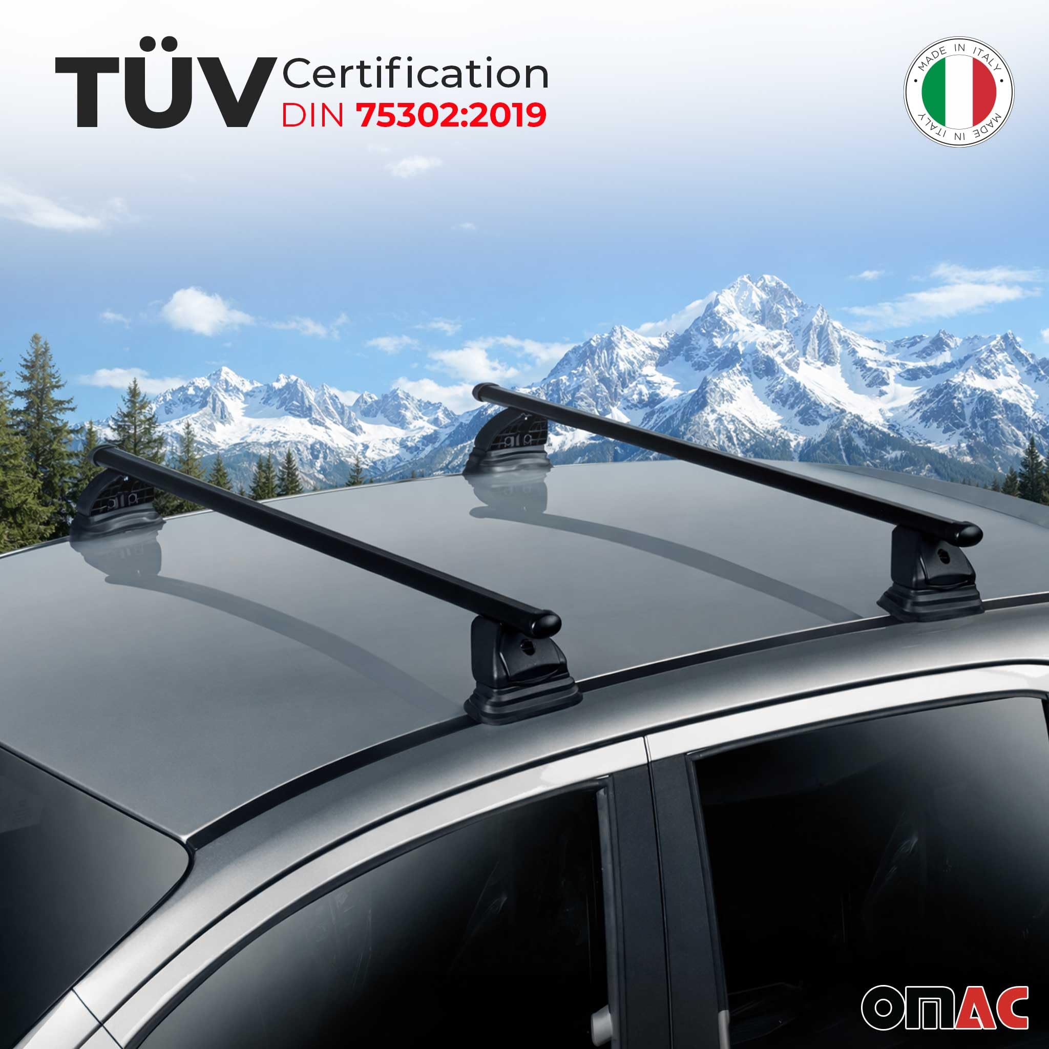 OMAC Stahl Dachträger Querträger Mercedes B Klasse W246 2012-2018 – TÜV/DIN 75302:2019 – Abschließbar – Max. 75 kg – 2 Stangen – Schwarz