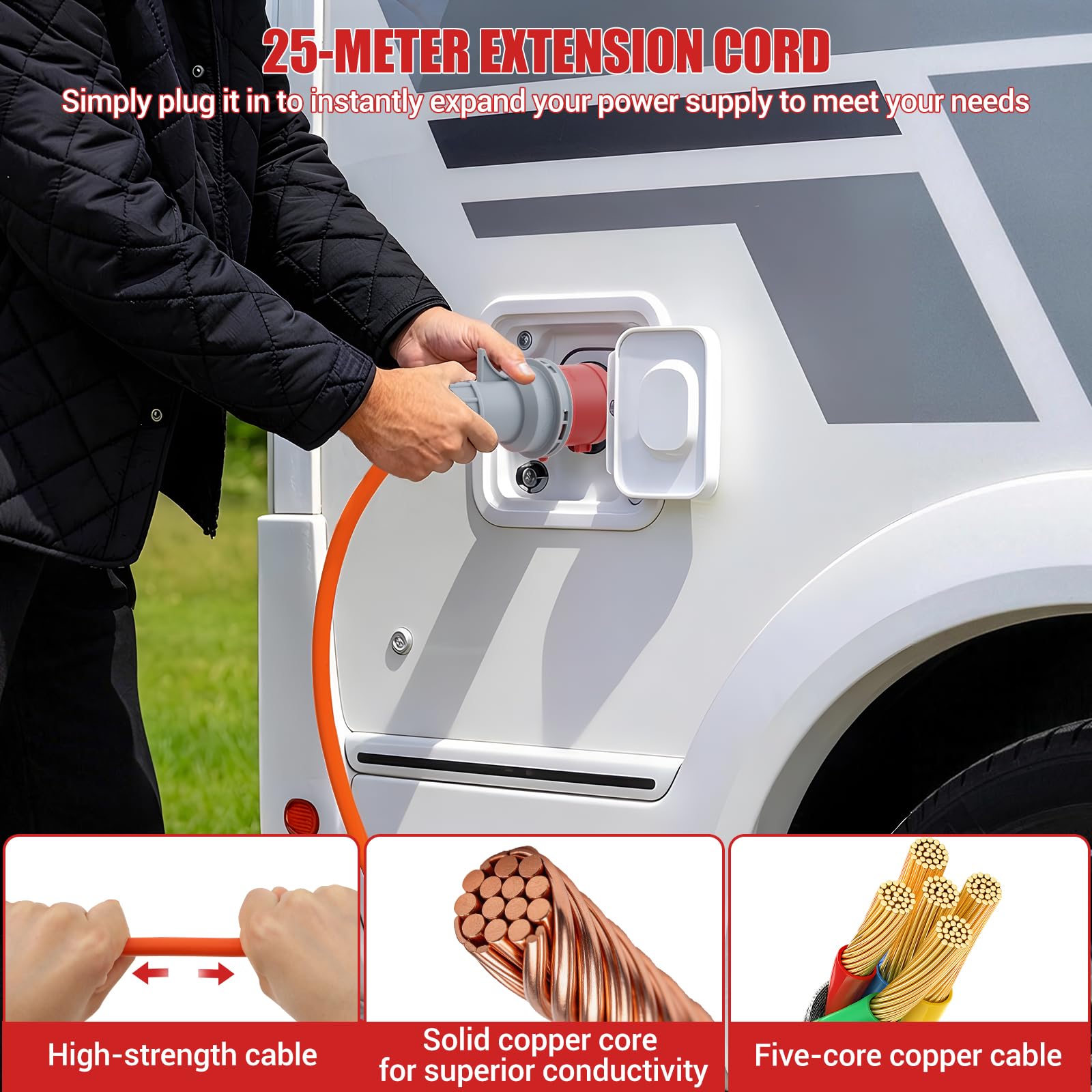 CEE-Verlängerungskabel 32A 25m für Camping – Industrielles Kabel 240V 5G2,5mm², IP44 Außenbereich, Signalfarbe Orange, Made in Germany, für Wohnwagen und Wohnmobil