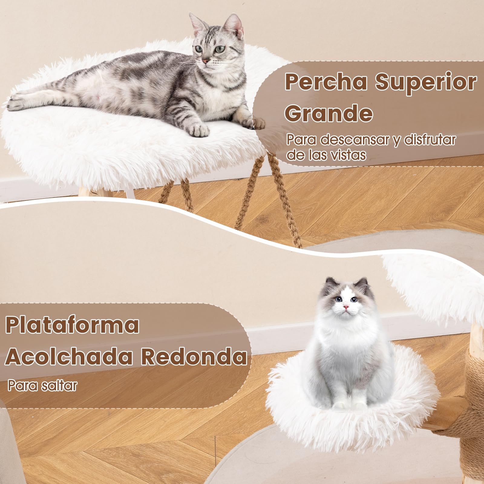 COSTWAY Árbol Rascador para Gatos Moderno, Marco de Madera Peral, 66 cm Torre para Gatitos con Cuna Colgante, Arbol Gatos con Plataforma Acolchada, Cojín de Peluche Suave, Poste de Yute, Blanco