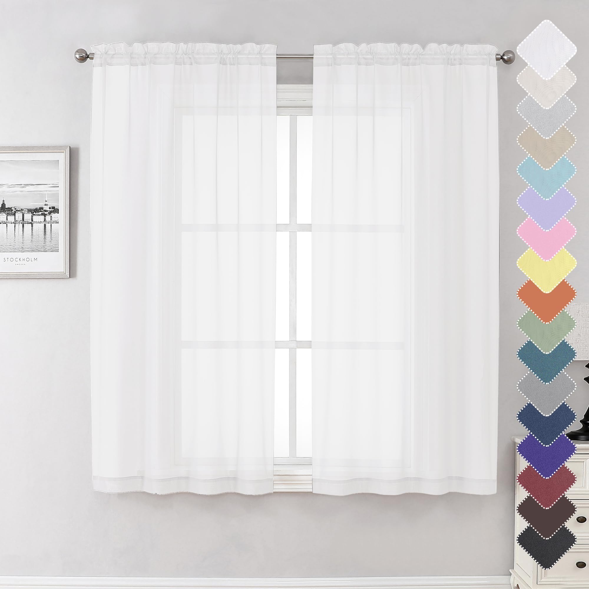 Lecloud White Sheer Curtains 63 Inch Length for Bedroom, 2 Panels