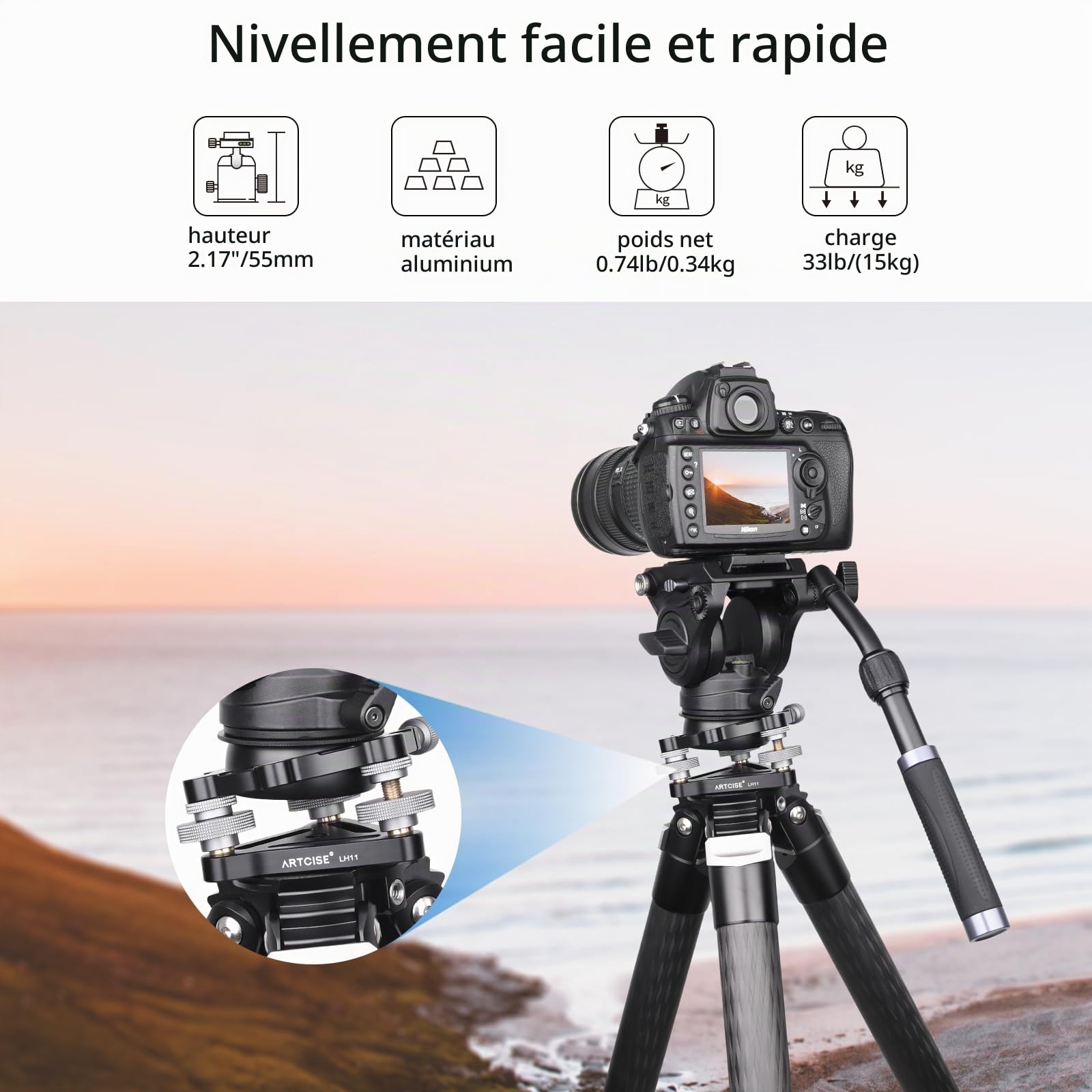 Base de nivellement à Trois Pieds de diamètre ∅85 mm, tête de nivellement avec Inclinaison -15°/15°, avec 3 Niveaux à Bulle et 3 Roues, réglage de précision -5°/5°, Charge maximale 15 kg