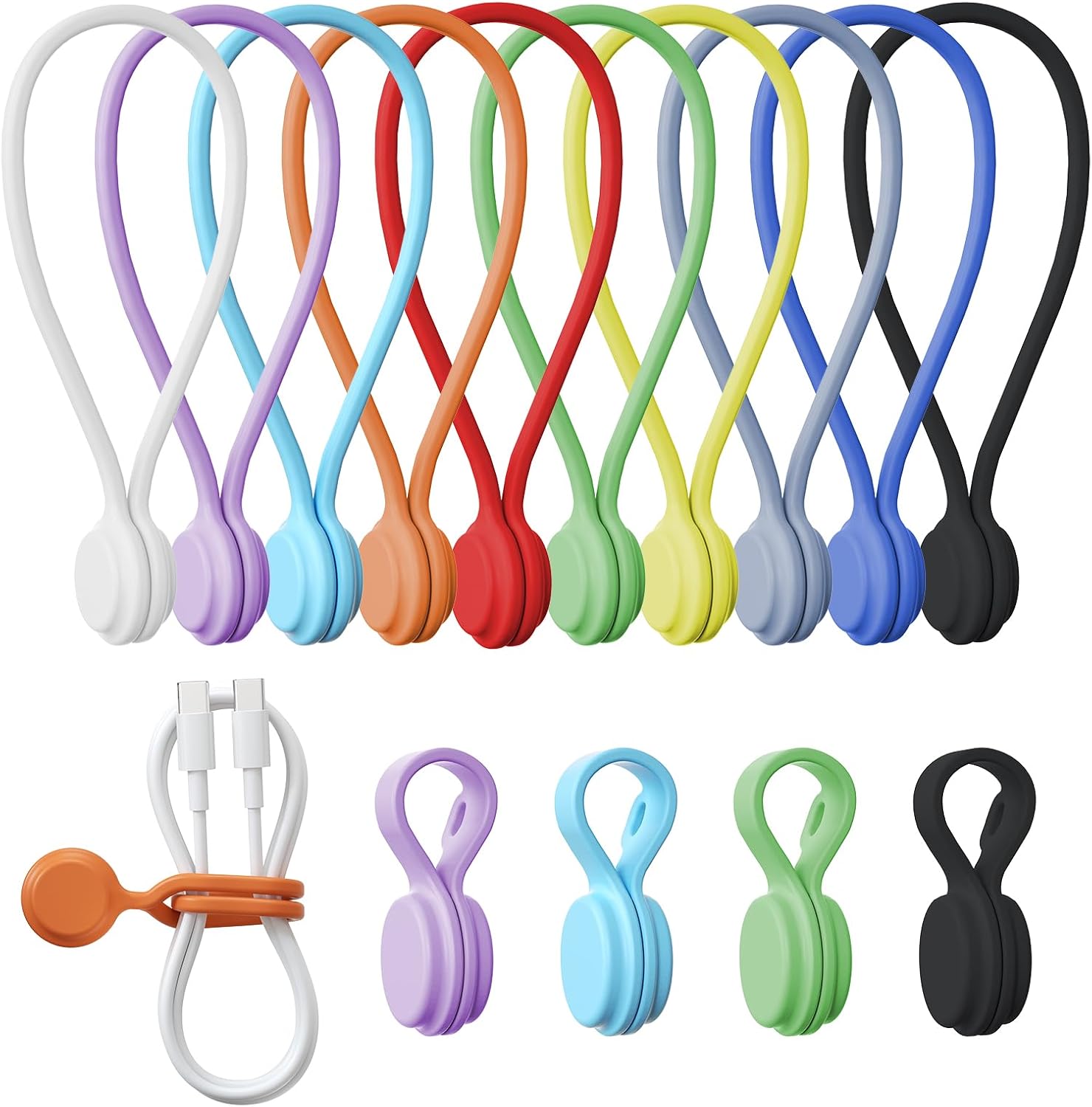 Tounee Reusable Silicone Magnetic Cable Ties - 2 Sizes Combo (4pcs 2.95'' + 4pcs 7.68'') - Multi-Purpose for Cable Bundling, Organizing, Bookmarks & Fridge Magnets - Assorted Colors, 8-Pack