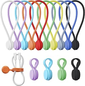 Reusable Silicone Magnetic Cable Ties - 2 Sizes Combo (4pcs 2.95'' + 10pcs 7.68'') - Multi-Purpose for Cable Bundling, Organizing, Bookmarks & Fridge Magnets - Assorted Colors, 14-Pack (14)