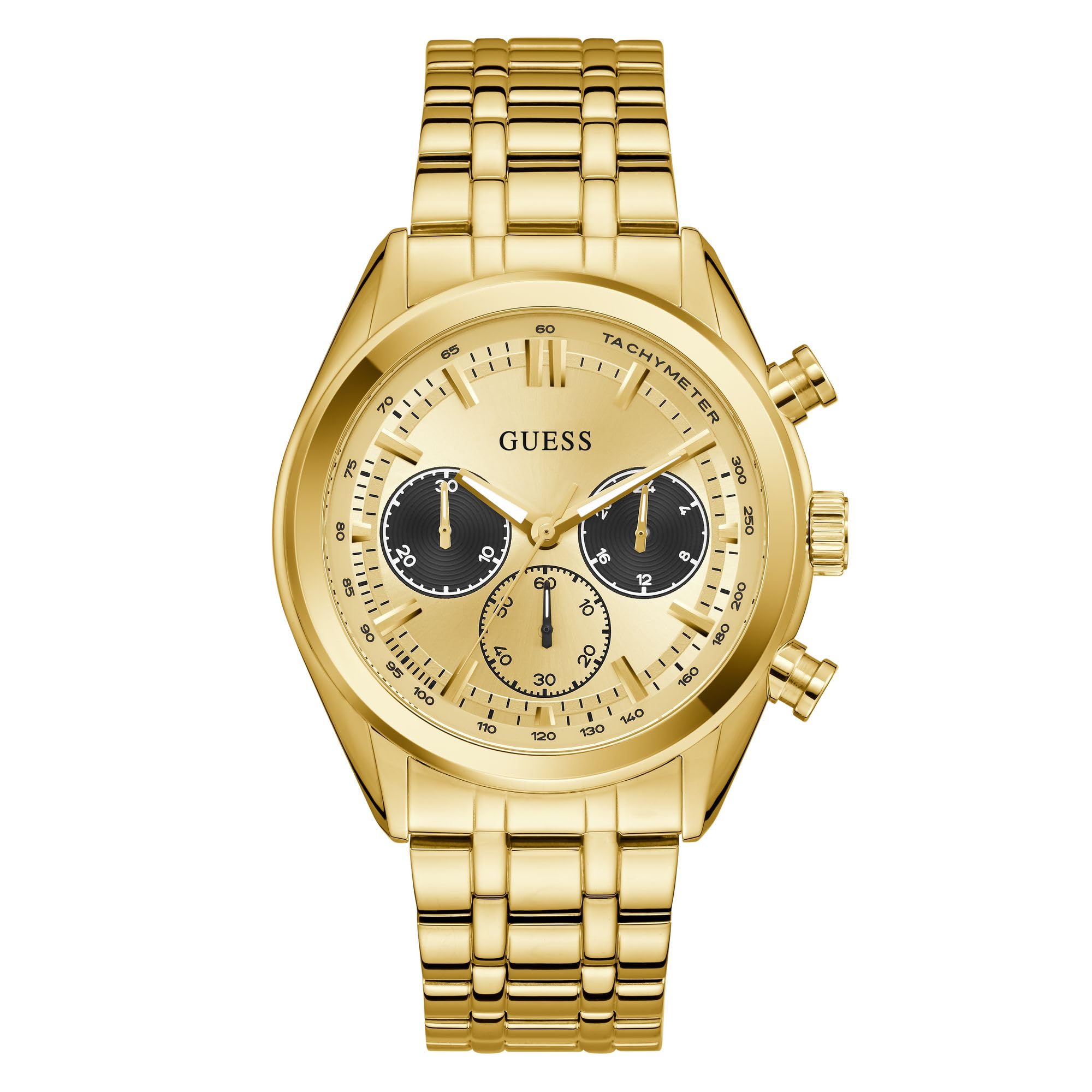 Guess Dawson GW0971G2 - Reloj de Pulsera para Hombre con Fecha, Correa de Acero Inoxidable, Cristal Mineral, Esfera Dorada, 5 Bar, diámetro de la Caja: 44 mm