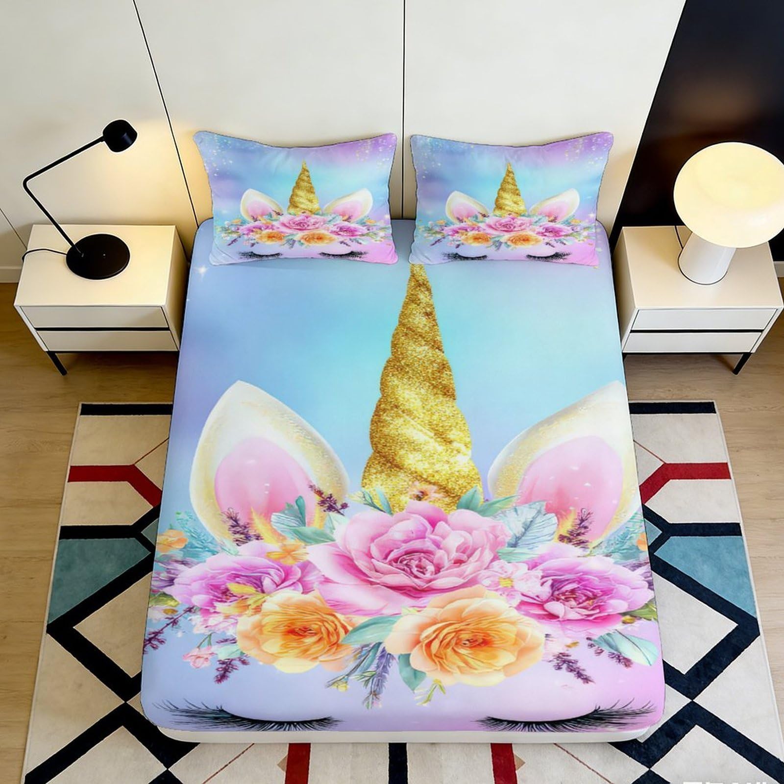 3D Printed Unicorn Floral Fitted Sheet Microfiber Soft Pastel Rainbow Mattress Cover Bedroom Decor Anti-Slip Machine Washable All Ages 90x200x25cm
