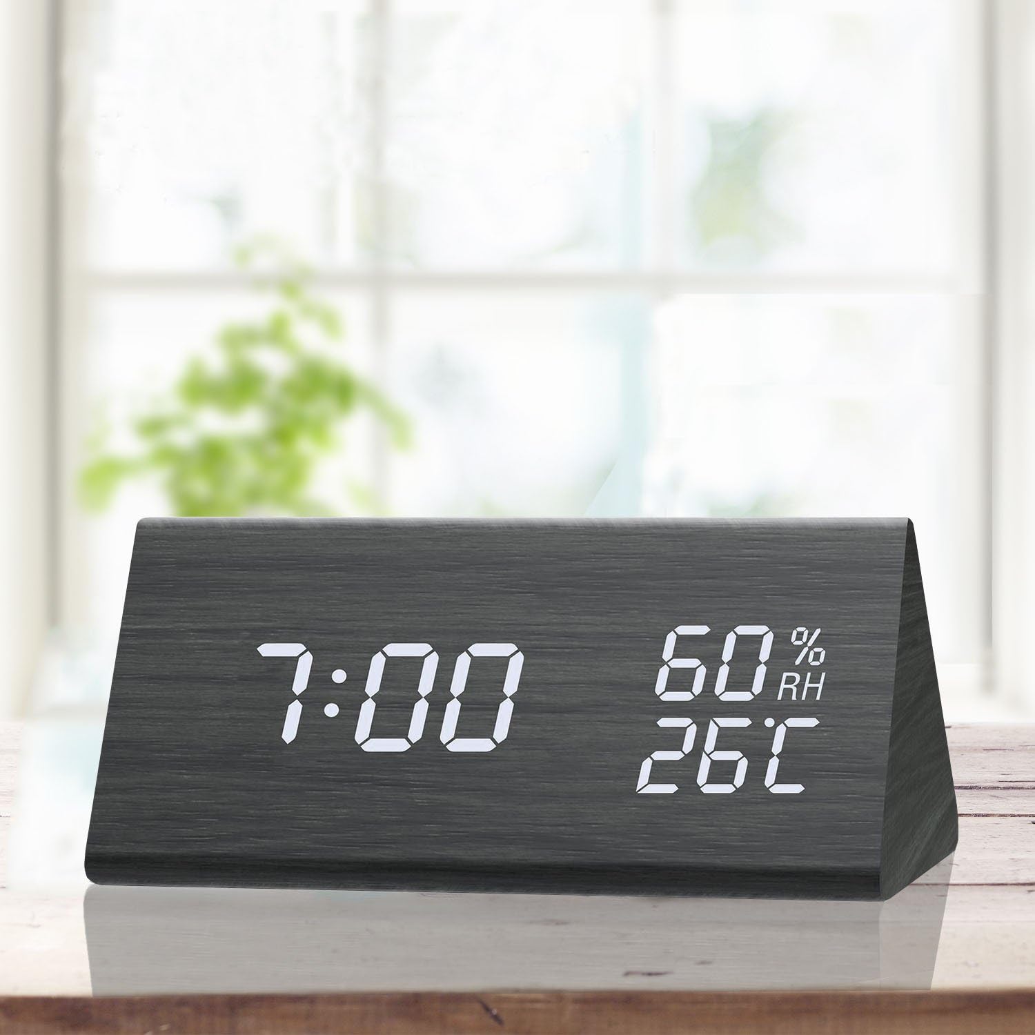 Digital Alarm Clock, 3 Alarm Settings, with Wooden Electronic LED Time Display, Dual Temperature & Humidity Detect, Ideal for Bedroom, Bedside Kids, Batteries not Needed