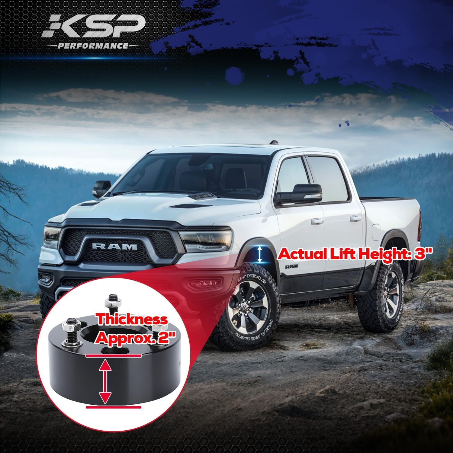 KSP 3 Inch Leveling Lift Kits for 2009-2026 Ram 1500, 3" Forged Front Strut Spacers Raise 3in for Ram 1500 4WD 4X4, 2005-2011 Dakota 2WD 4WD, 2006-2009 Raider 2WD 4WD, Aluminum Suspension Lift Kits