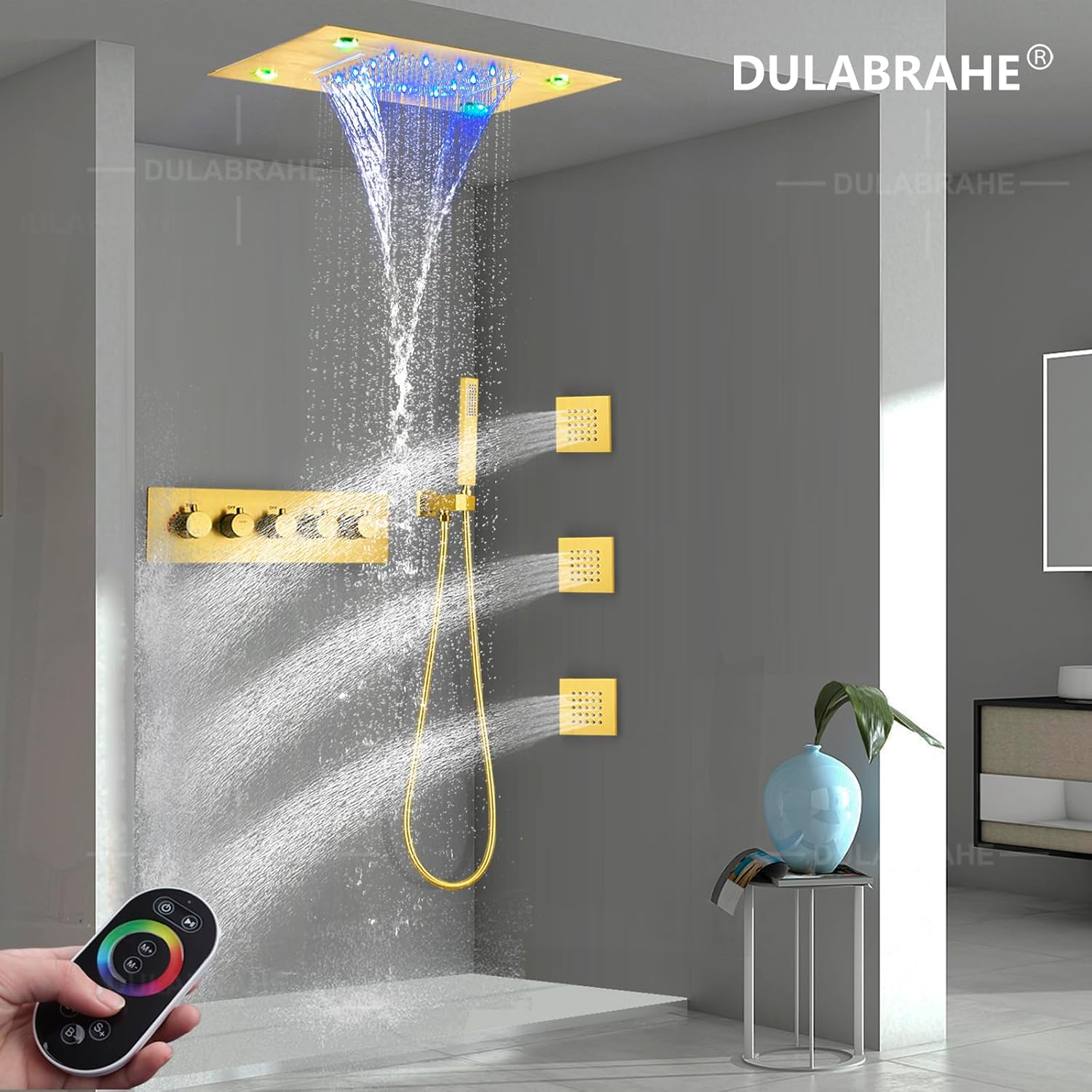 Brushed Gold Thermostatic Rain Shower System 14 X 20 Inch LED Waterfall Rainfall Shower Head Bath Mixer Faucet Set Body Sprayer Jet (Brushed Gold)