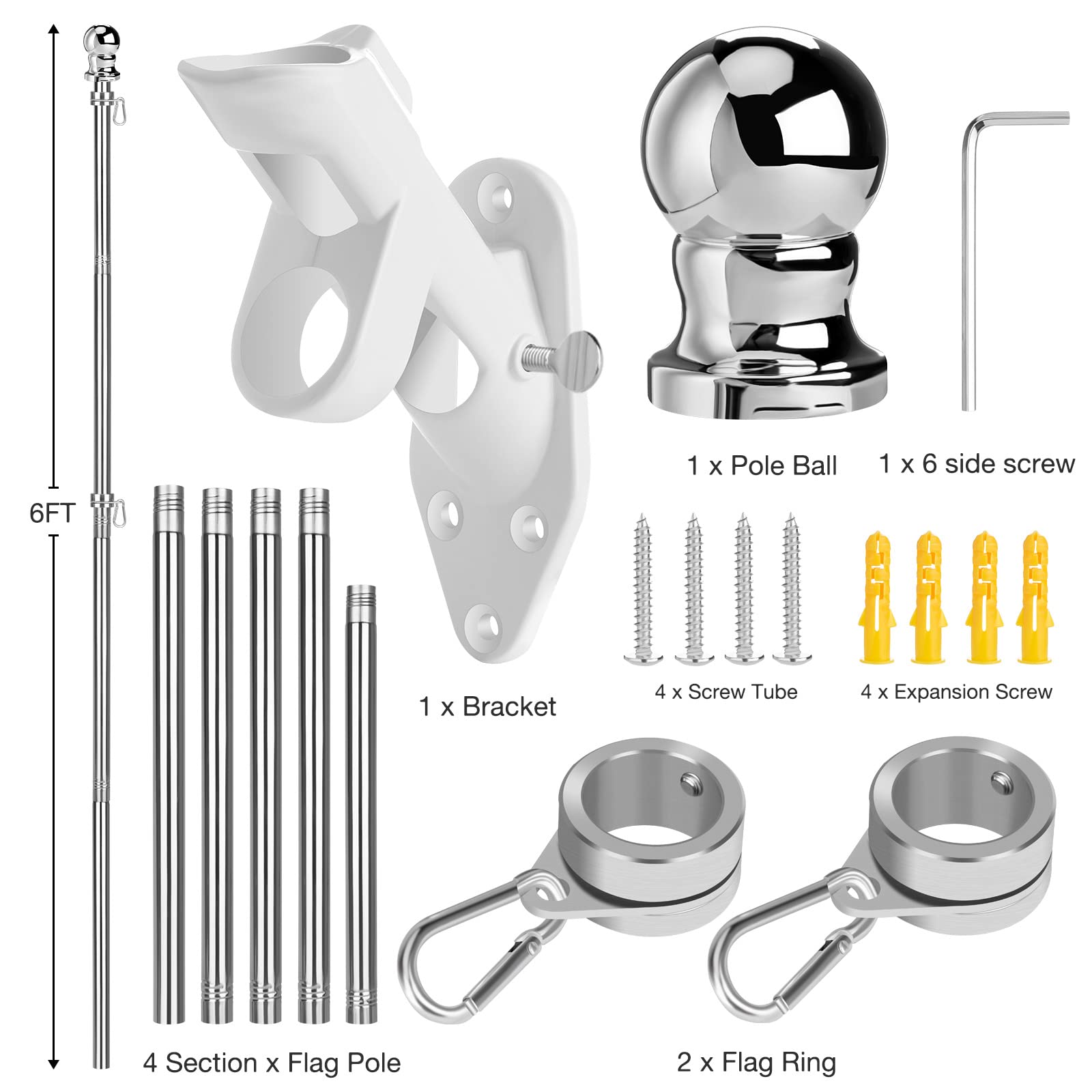 Winthai 6FT Flag Pole Kit, Professional Stainless Steel Flag Pole with Upgraded Tangle Free Aluminum Alloy Flagpole Rings, Heavy Duty Flagpole with Two-Position Bracket for House Outdoor Garden Yard