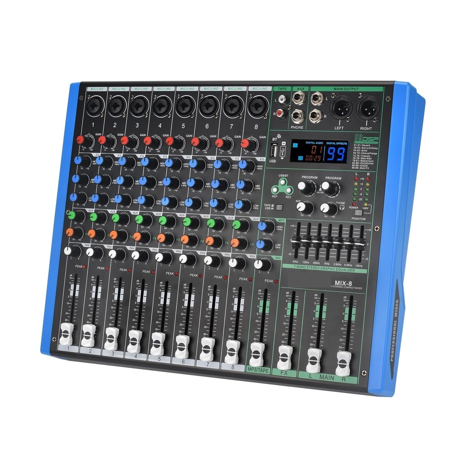 Mixer audio, 8 CH Stereo Mixing Console USB PC Play Registrazione Suono Audio Mixer 7 Band EQ Dj Controller Tavolo for KTV