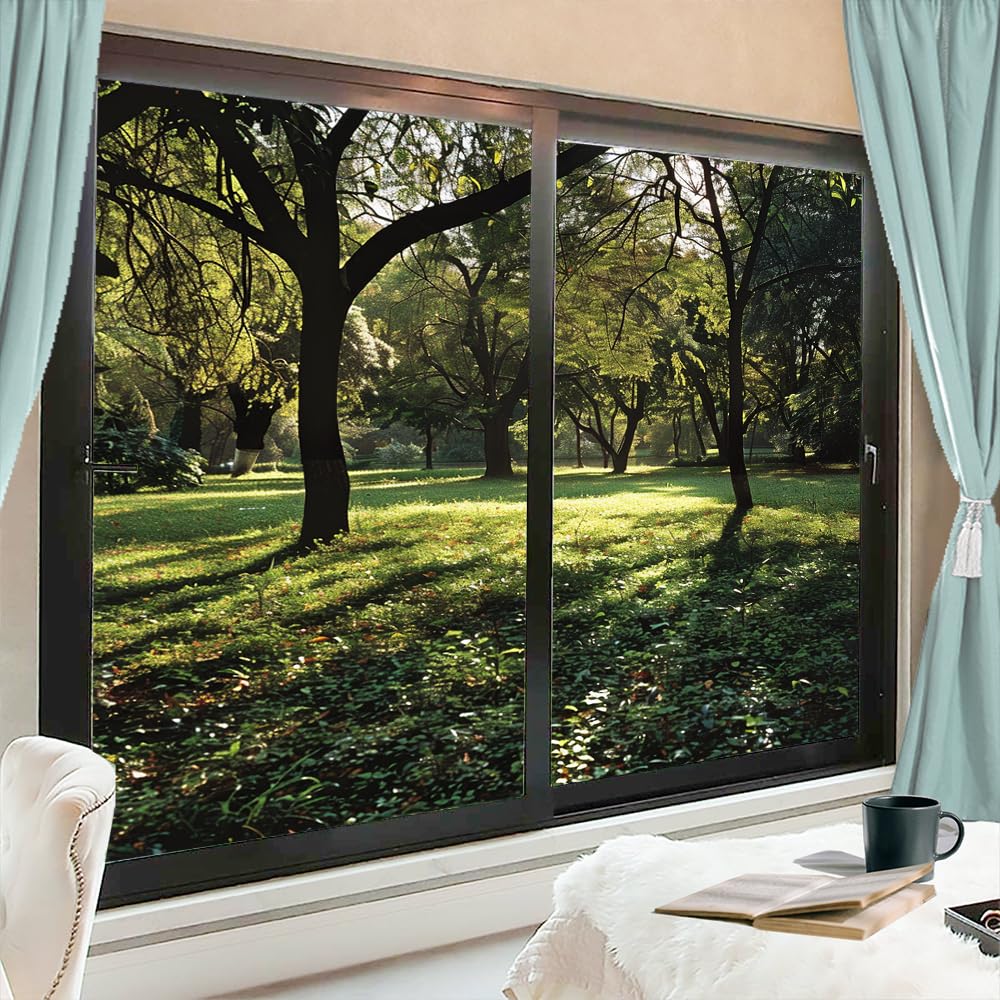 FOCCAFB Green Grassland Privacy Window Film, Modern Summer Nature Forest Decorative Frosted Self Adhesive Stained Glass Window Film for Bathroom &