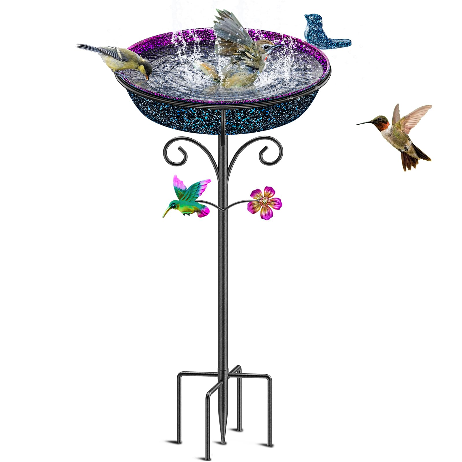 Bain d'oiseaux en métal pour l'extérieur, autoportant, bol pour oiseaux, bain d'oiseaux vintage pour extérieur, cour, jardin, pelouse, décoration (violet)