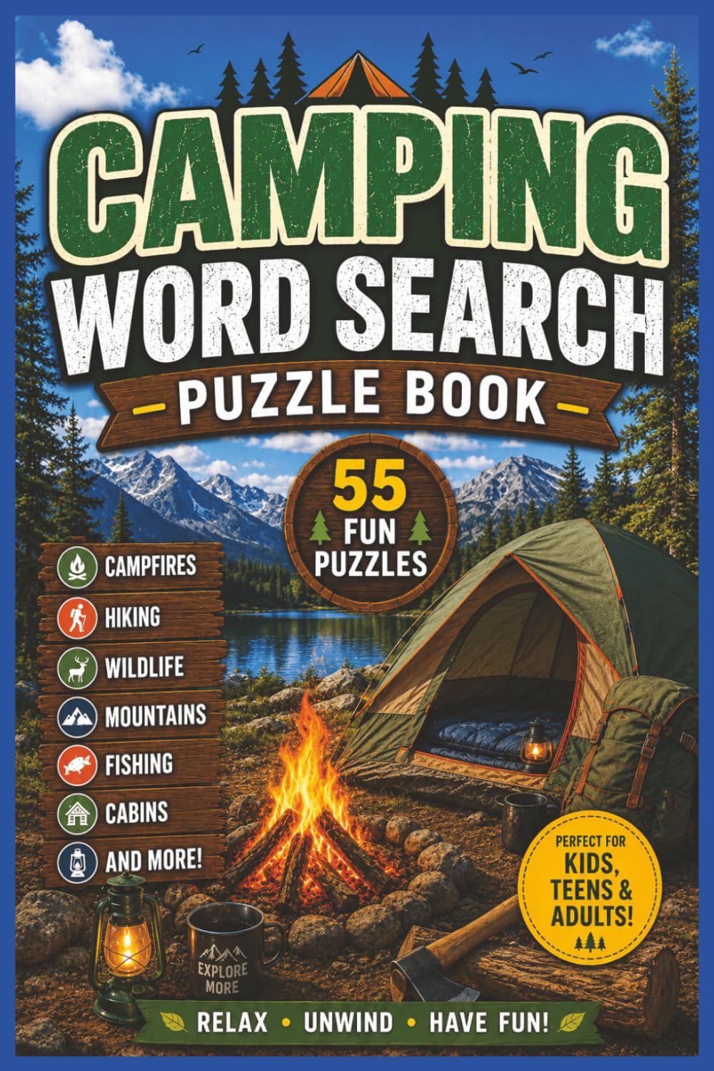 Camping Escape Word Search for Seniors, Adults, Teens & Kids: 55 Fun Outdoor-Themed Puzzles with Hiking, Campfires, Wildlife, Cabins, Fishing & Nature