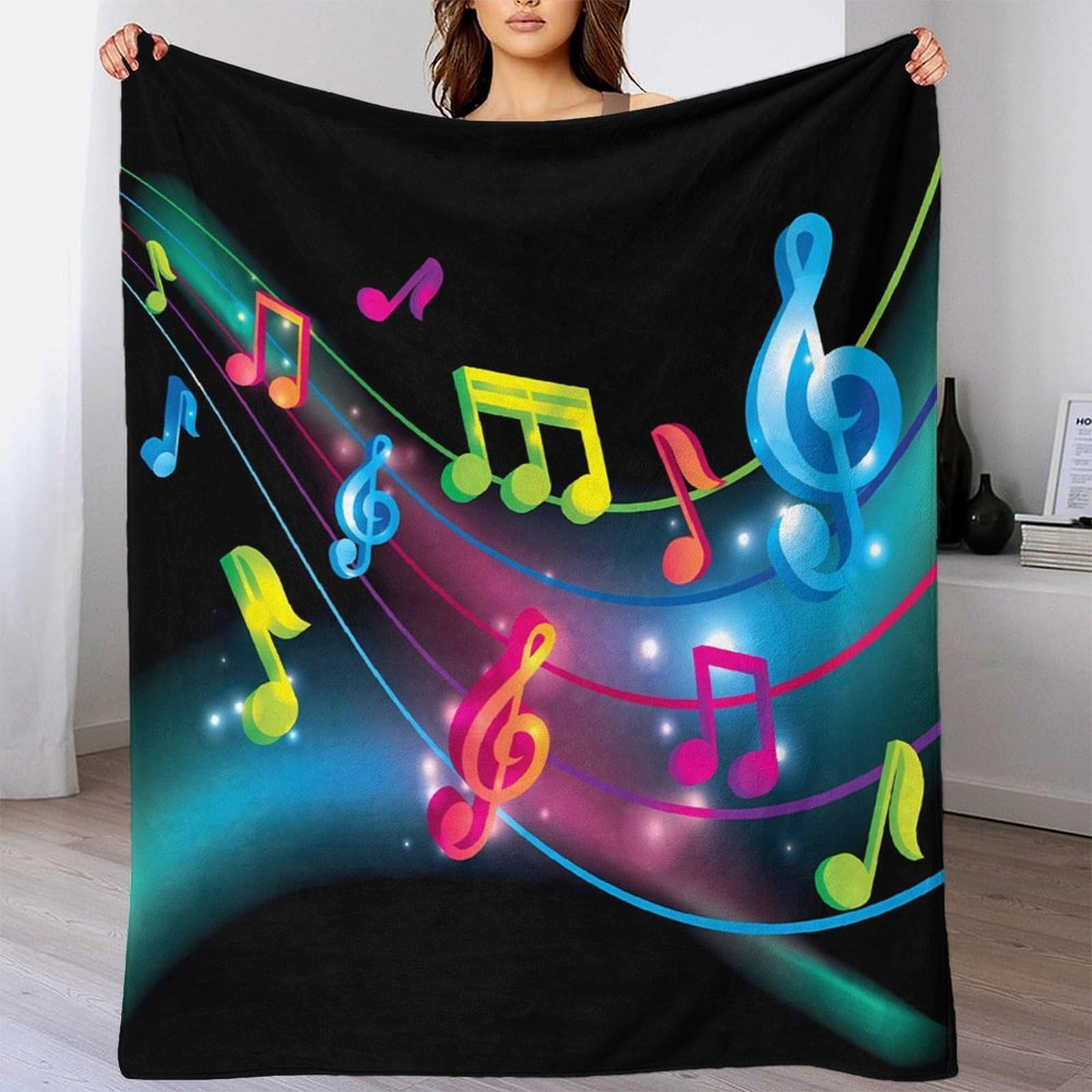 stampa 3D Music notes coperta microfibra biancheria da letto lavabile e anti-pilling coperta da riposo morbida e calda per relax quotidiano Colorful musical design 80×90inch(200x230cm)