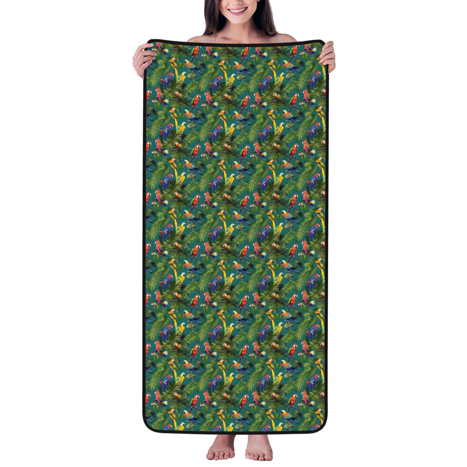 Nimongt Unisex Black Tropical Plants And Parrots Print Lightweight Comfort Coral Velvet Bath Towel Home Bathroom Hotel Spa Beach Travel