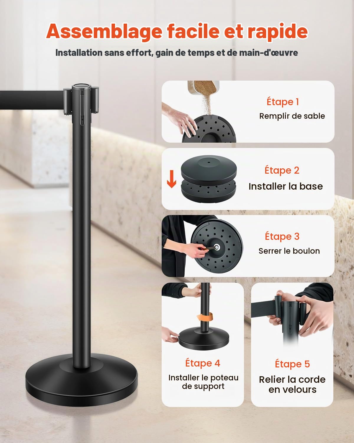 VEVOR Poteau de guidage, 8 pcs, barrière de balisage pour contrôle de foules, avec base creuse, poteau en acier au carbone, sangles rétractables et 2 supports de panneau, pour théâtre, fête, mariage