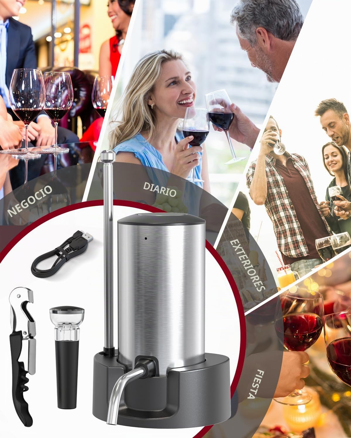 CIRCLE JOY Aireador Eléctrico para Vino, Decantador Recargable con Base de Almacenamiento, Sacacorchos y Tapón al Vacío, Regalo para los Amantes del Vino, Plateado