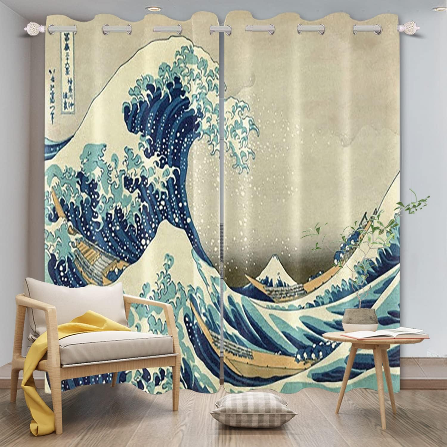 Japanese Ukiyoe Blackout Curtains Kanagawa Abstract Wave Japan Vintage Traditional Painting Curtain for Living Room Bedroom Home Decoration Window Drapes Fabric Set of 2 Panels, 52x84 Inch