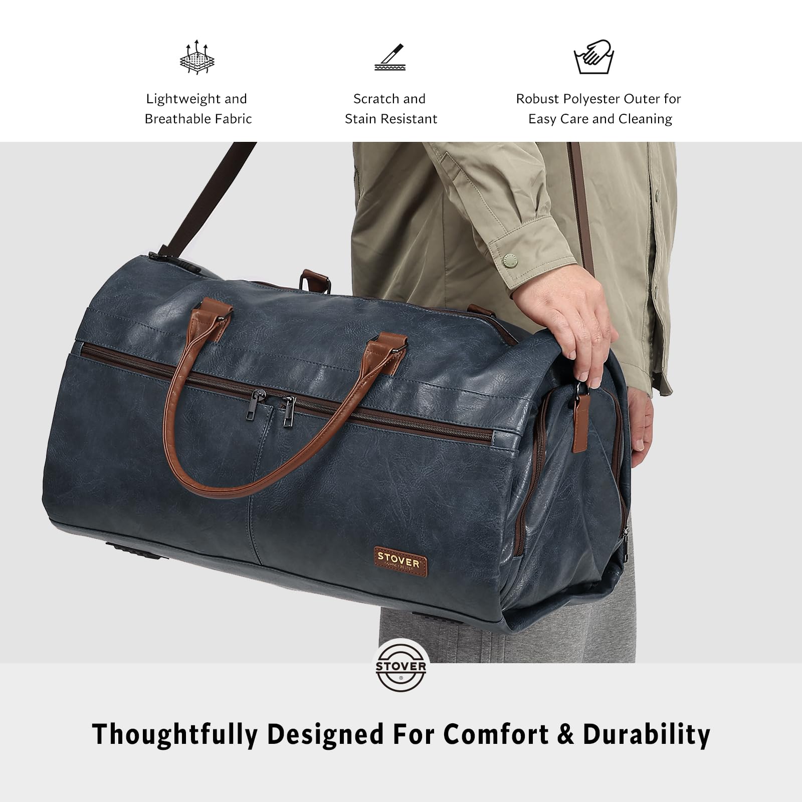 STOVER Garment - Bolsa de viaje grande 2 en 1, equipaje de mano convertible para hombres y mujeres, trajes colgantes, vestidos y ropa + compartimento para zapatos, bolsa de fin de semana (cuero azul),