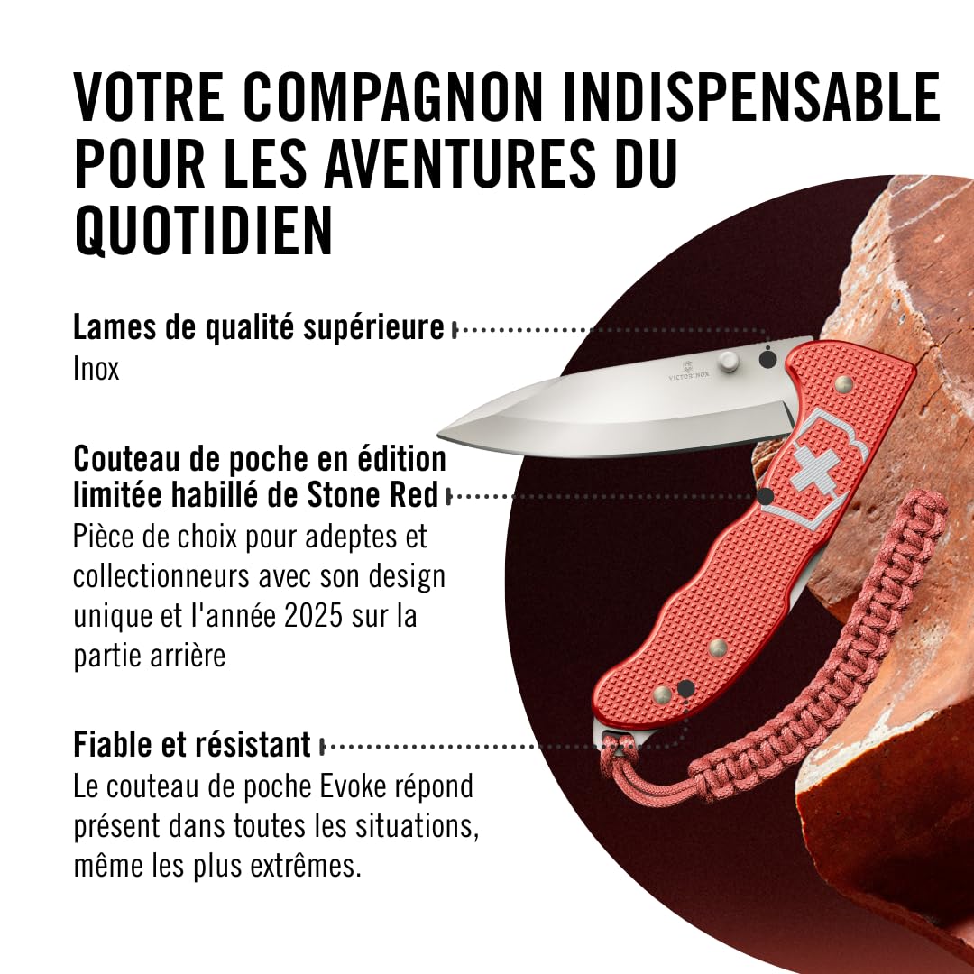 Victorinox Couteau de Poche Evoke Alox Limited Edition 2025, 5 Fonctions, Grand Couteau Pliant, Attache en Paracorde, y c. Boîte Cadeau, Rouge Pierre
