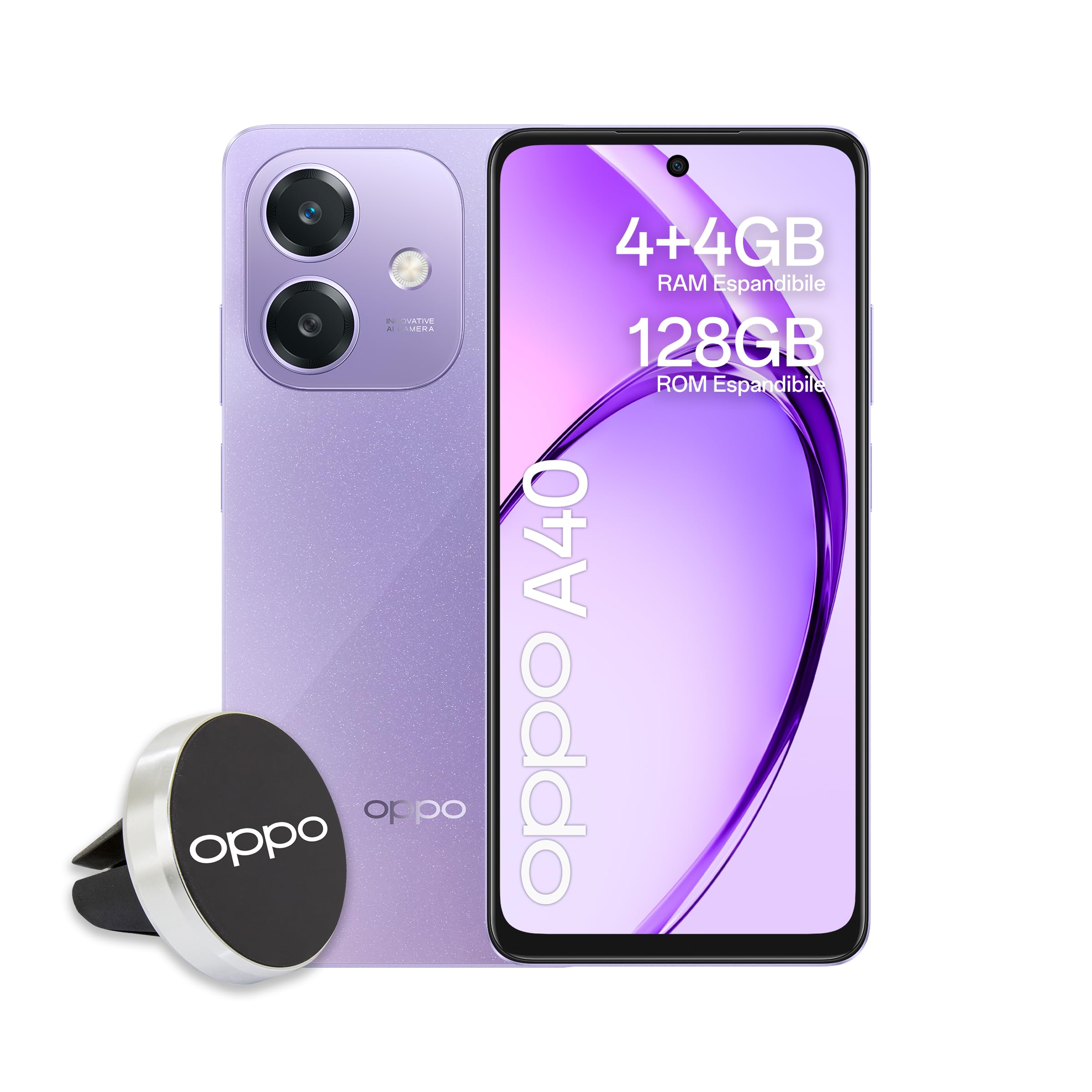 OPPO A40 Smartphone, Fotocamera AI 50MP, Selfie 5MP, Display 6.67” 90HZ LCD HD+, 5100mAh, RAM 4 Esp 8GB (+4GB Virtuali) +ROM 128GB, IP54, Supporto Auto [Versione Italia], Starry Purple