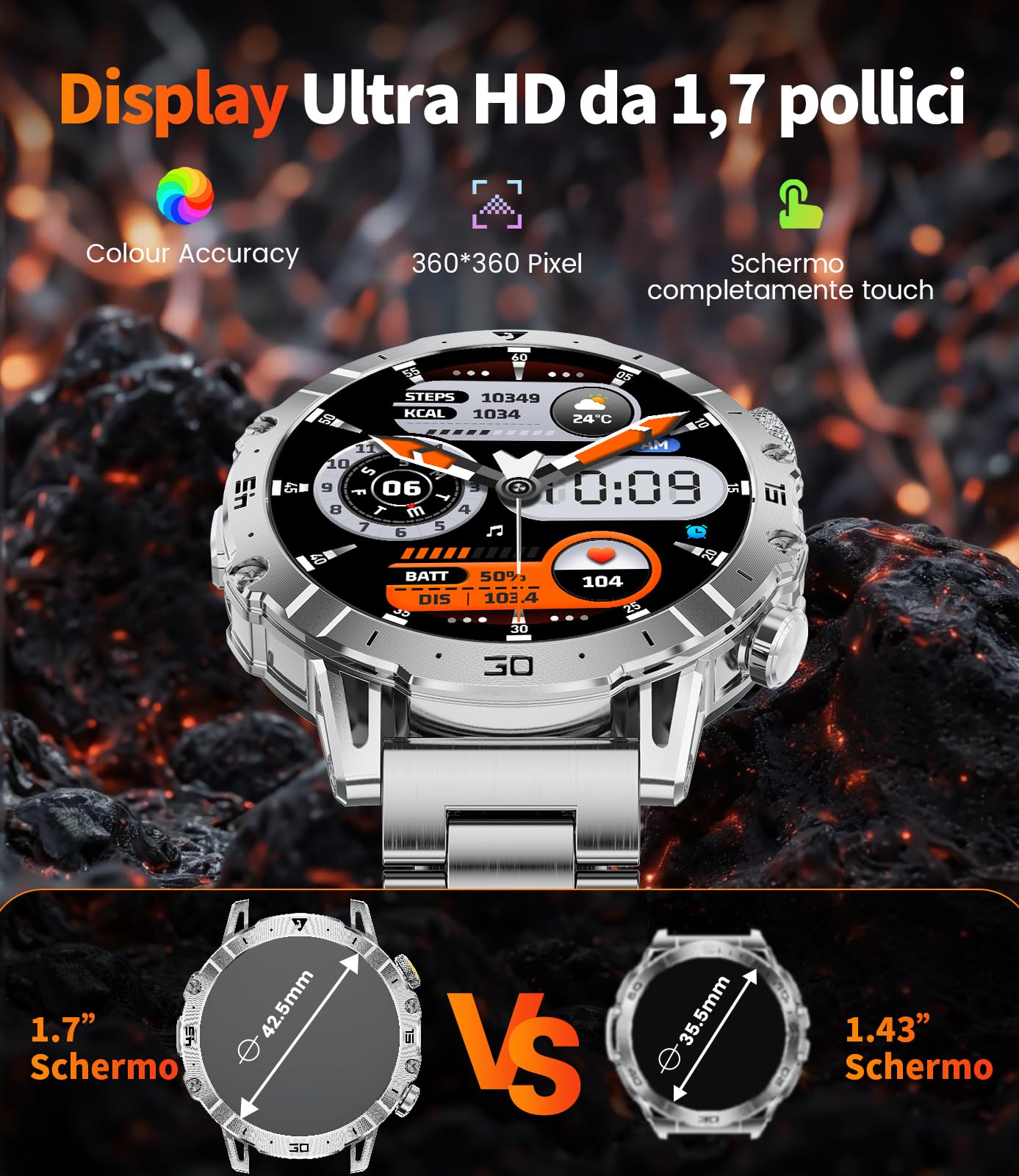LIGE Smartwatch Uomo con 1000mAh/Torcia LED,Chiamata Bluetooth,1.7" Smart Watch Militare con 110+ Modalità Sportive,Impermeabile,Frequenza Cardiaca, Android iOS,3 Braccialetti+2 Caricabatterie,EF18-B
