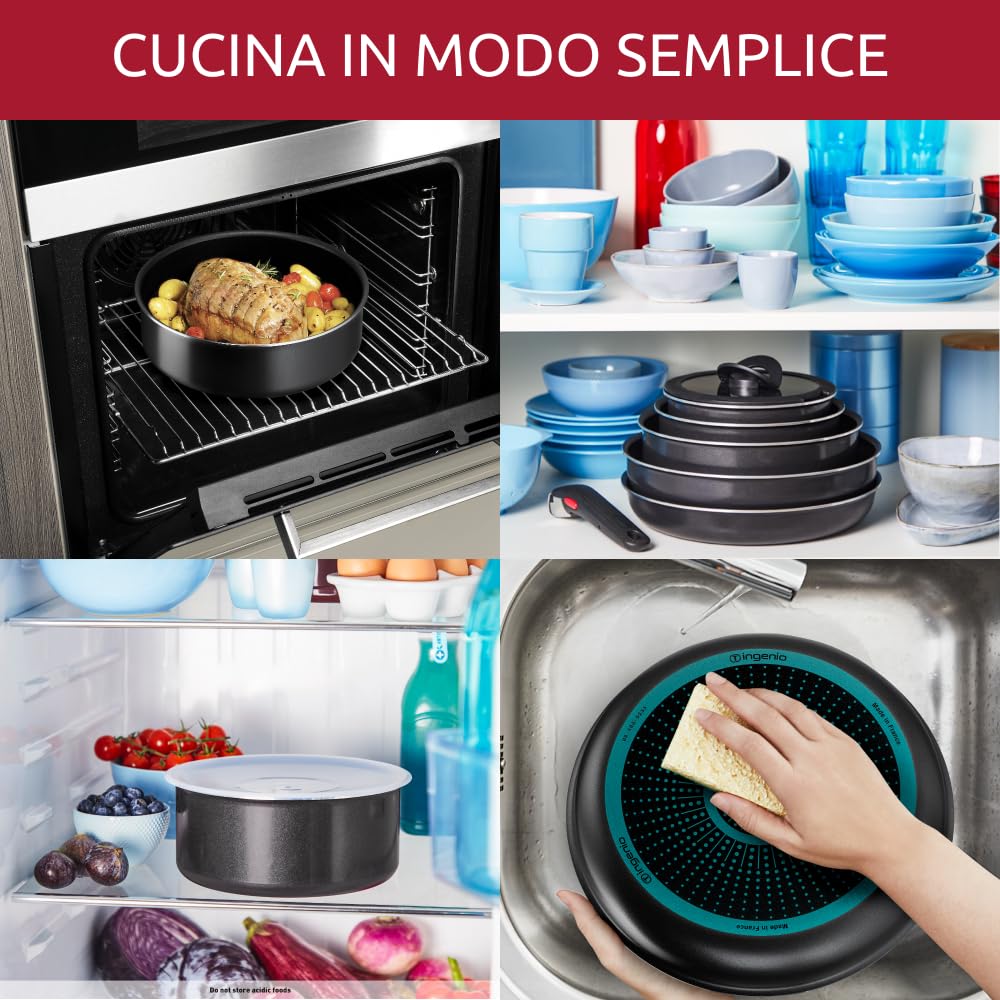 Lagostina Ingenio Essential Plus Padella Ø 28 cm, Padella Antiaderente in Alluminio per Gas e Forno, e anche in frigorifero, con Indicatore di Cottura Thermosignal, Utilizzabile con Manico Removibile