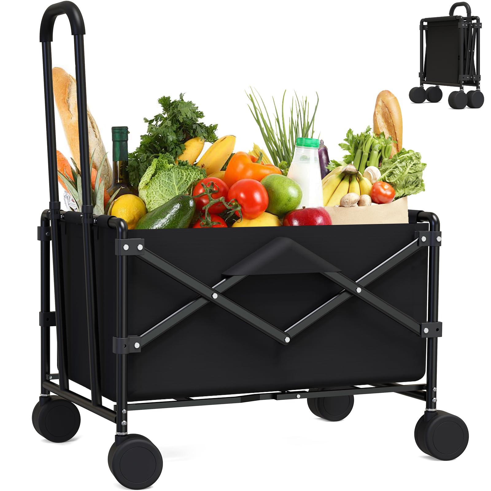 MEXMIODY Collapsible Folding Wagon Cart, Heavy Duty Foldable Wagon with 300lbs Large Capacity, Collapsible Utility Wagon Cart for Shopping, Grocery, Camping, Gardening