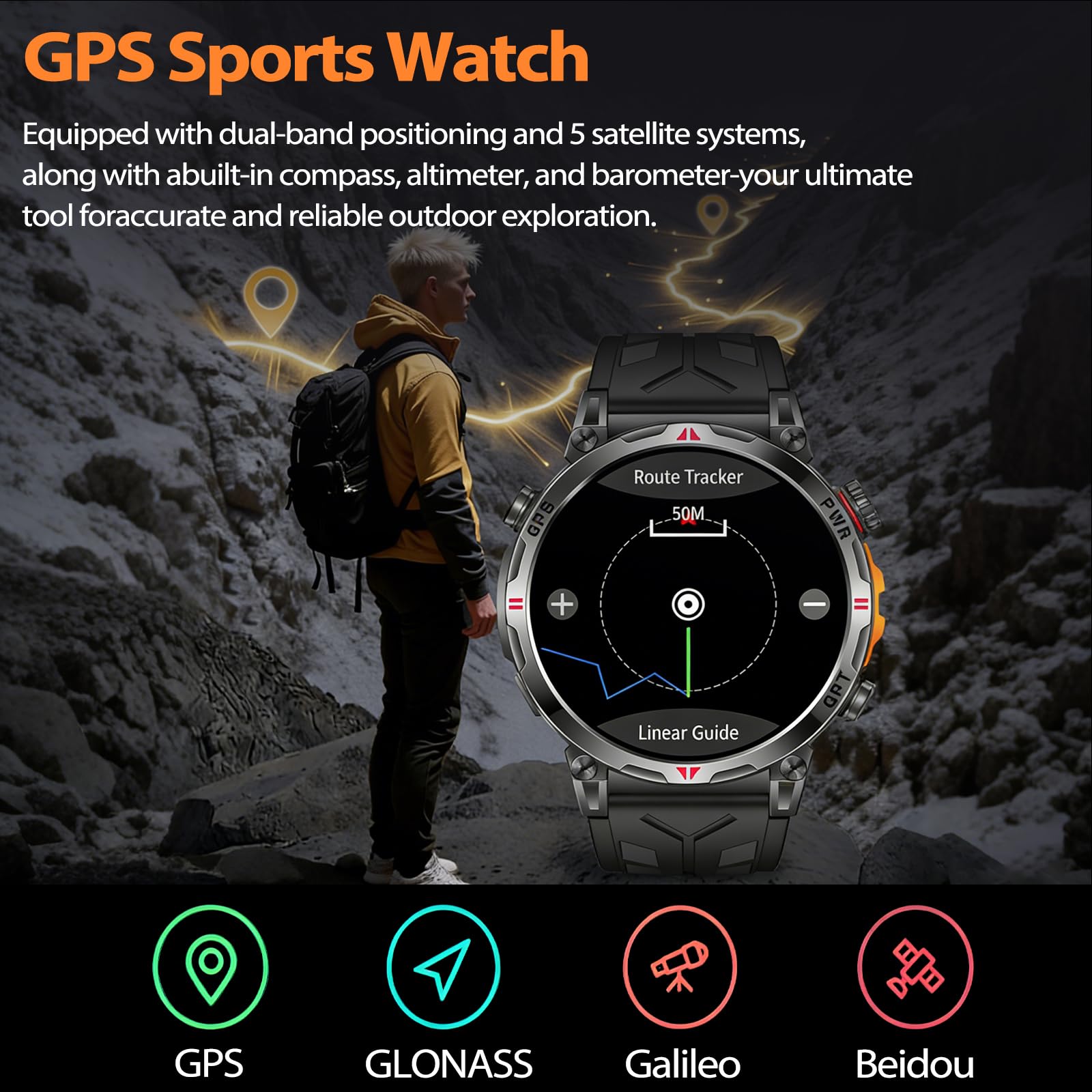 smartwatch uomo con GPS, bussola, chiamata Bluetooth, schermo Amoled da 1,56", orologio fitness con 107 modalità sportive, orologio sportivo per iOS/Android, quadrante AI, IP68, impermeabile