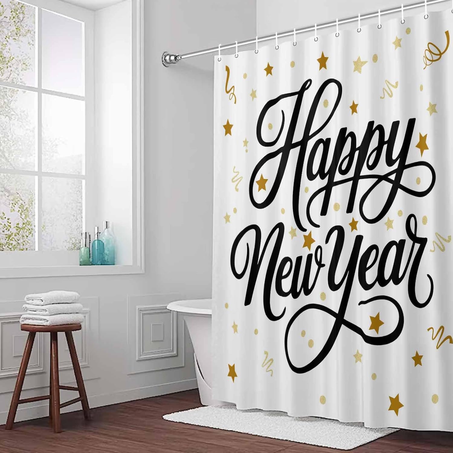 Happy New Years Bathroom Shower Curtains Set - Standard Shower Curtain 72 x 72 Inch, Winter Holiday Yellow Stars Ribbons Waterproof Fabric Bathroom Curtain with 12 Hooks, Bath Decor