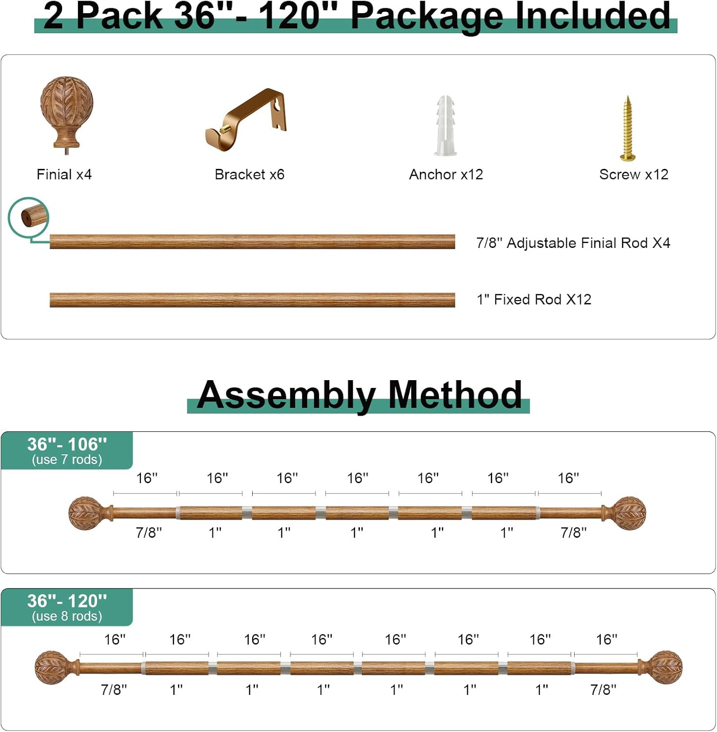 QDWIS 2 Pack Wood Curtain Rods for Windows 66 to 120 Inch, 1'' Adjustable Decorative Drapery Rods with Imitation Wood Grain Leaf Pattern Finials, Boho Heavy Duty Curtain Rods Set 36''-120''