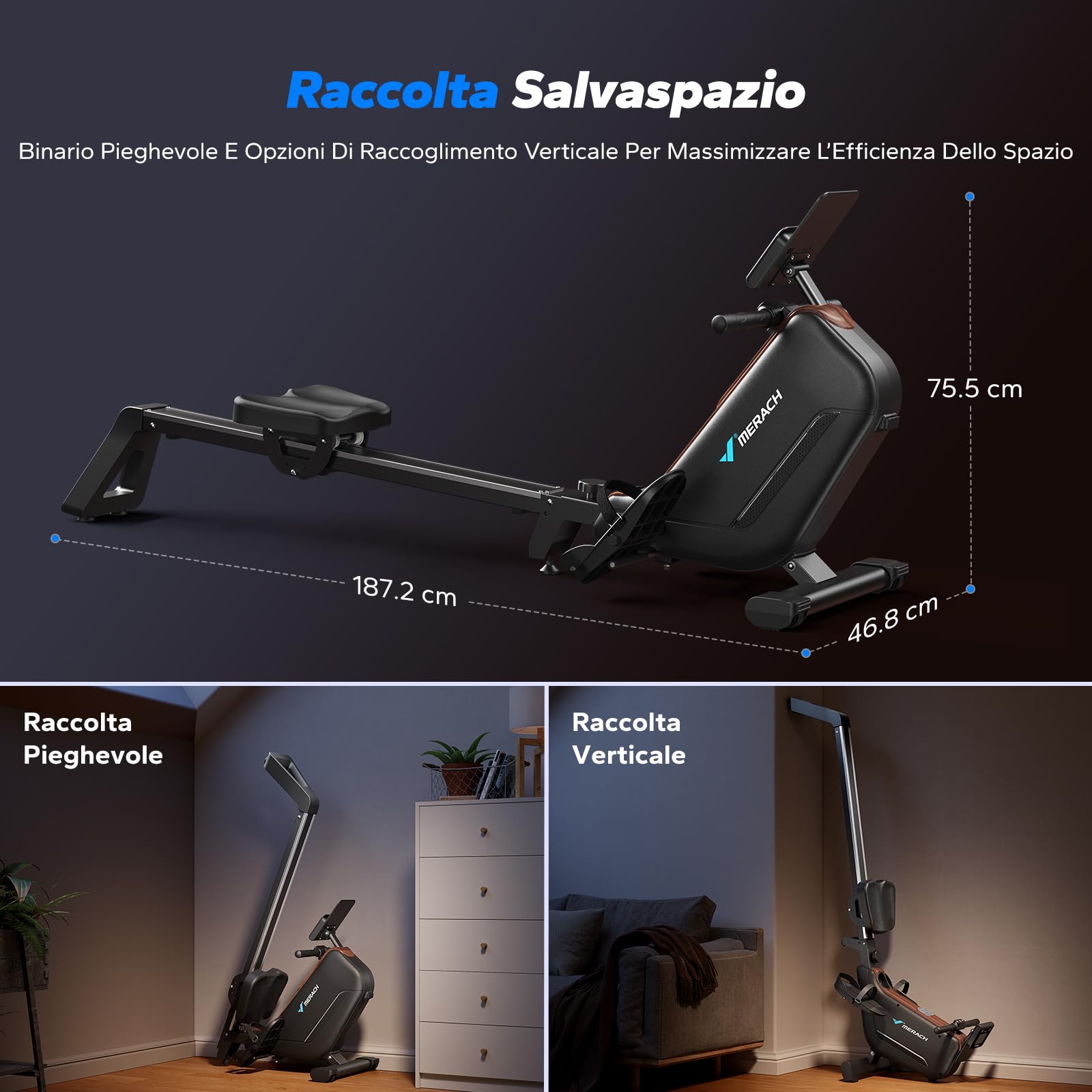 MERACH Vogatore per Casa, Vogatori Magnetici Silenziosi, Binari Migliorati ed Espansi da 130 cm per Movimenti più Liberi, Dotato di APP Esclusiva