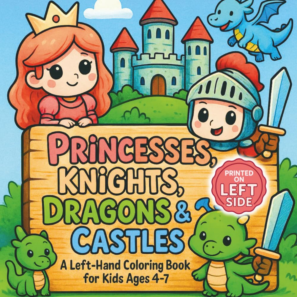 Princesses, Knights, Dragons & Castles A Left-Hand Coloring Book for Kids Ages 4–7: Fun and Easy Fantasy Coloring for Little Lefties — With Brave ... Princesses, Cute Dragons, and Royal Castles