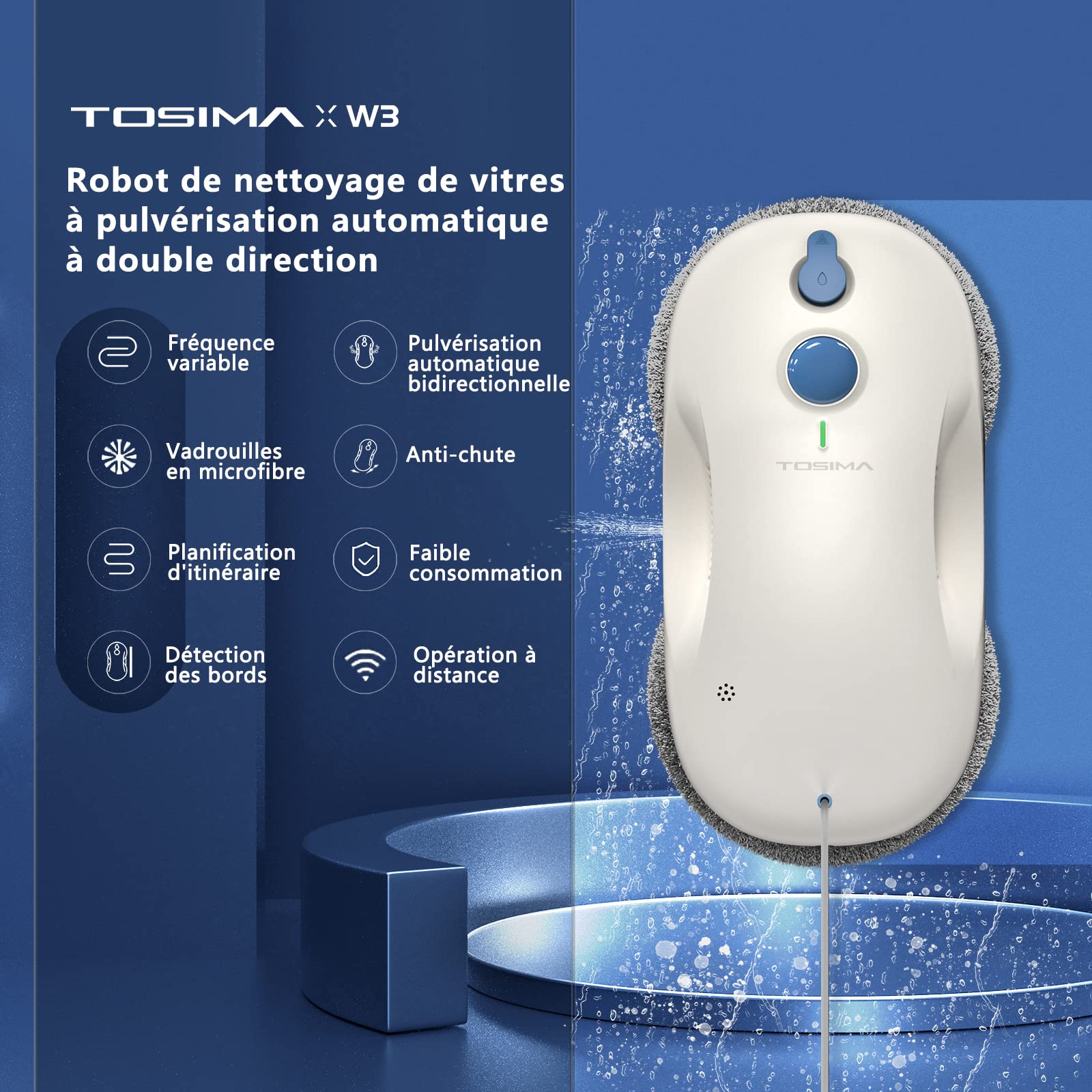 Tosima Robot Limpiacristales, Robot Limpieza de Ventanas Electrico, Sistema de Seguridad, Navegación Inteligente, Control Remoto, para Todas Las Superficies Lisas, con 12 Trapo (W3, White)