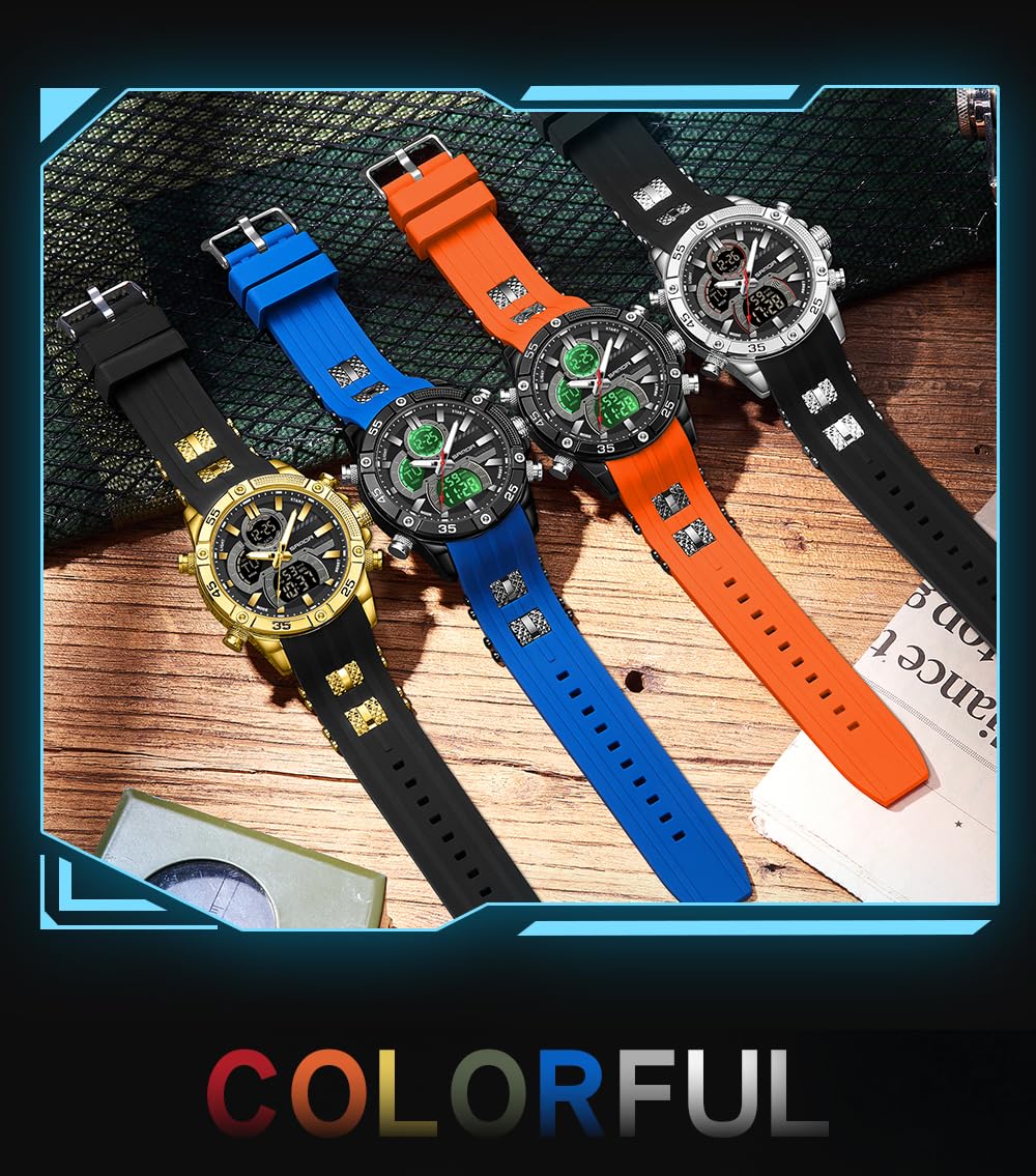 FANMIS Montre de sport analogique et numérique pour homme - Étanche jusqu'à 50 m - Bracelet en silicone - Chronographe - Robuste - Rétroéclairage LED - Alarme - Chronomètre - Date
