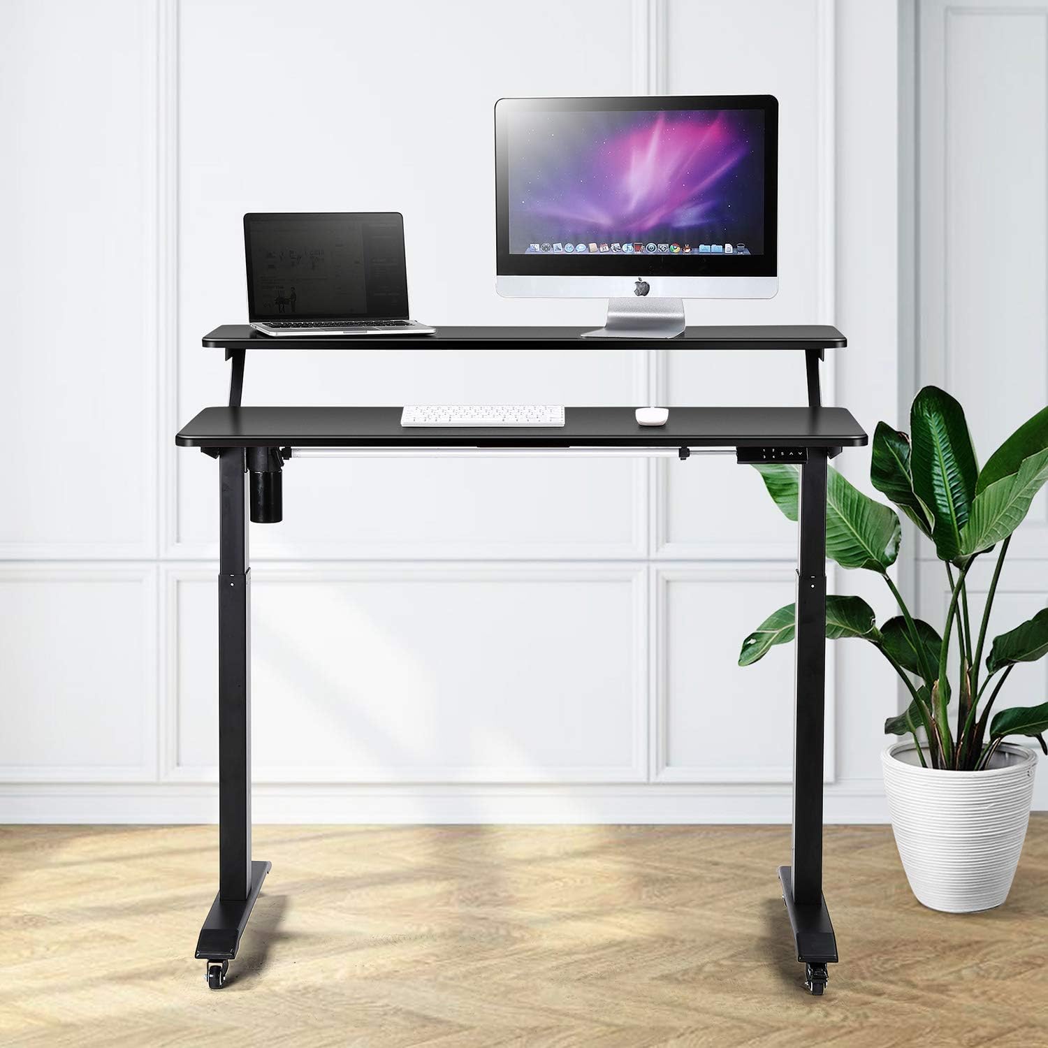 UNICOO Electric Height Adjustable 2-Tier Raising Desk with Wheels, Mobile Standing Desk with Monitor Stand, Ergonomic Adjustable Computer Table, Electric Standing Game Table for Home Office
