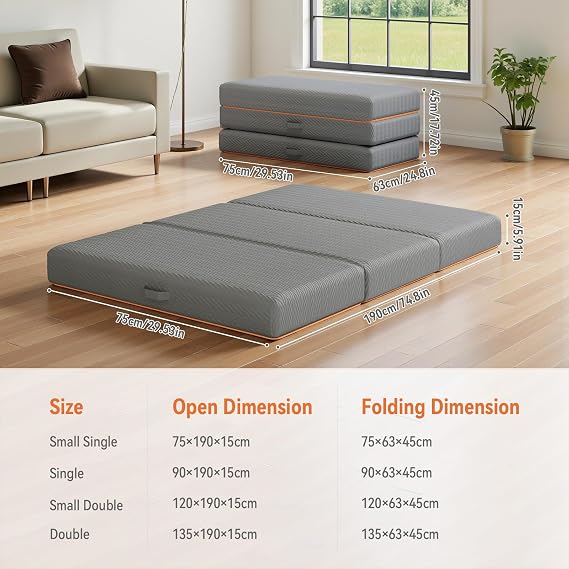 Warmiehomy Small Double Folding Mattress, 15CM Gel Memory Foam Foldable Mattress with Washable Cover, Portable Trifold Floor Mattress for Travel, Camping, Guest Bed, Dorm, Living Room, Caravans