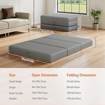 Warmiehomy Small Double Folding Mattress, 15CM Gel Memory Foam Foldable Mattress with Washable Cover, Portable Trifold Floor Mattress for Travel, Camping, Guest Bed, Dorm, Living Room, Caravans