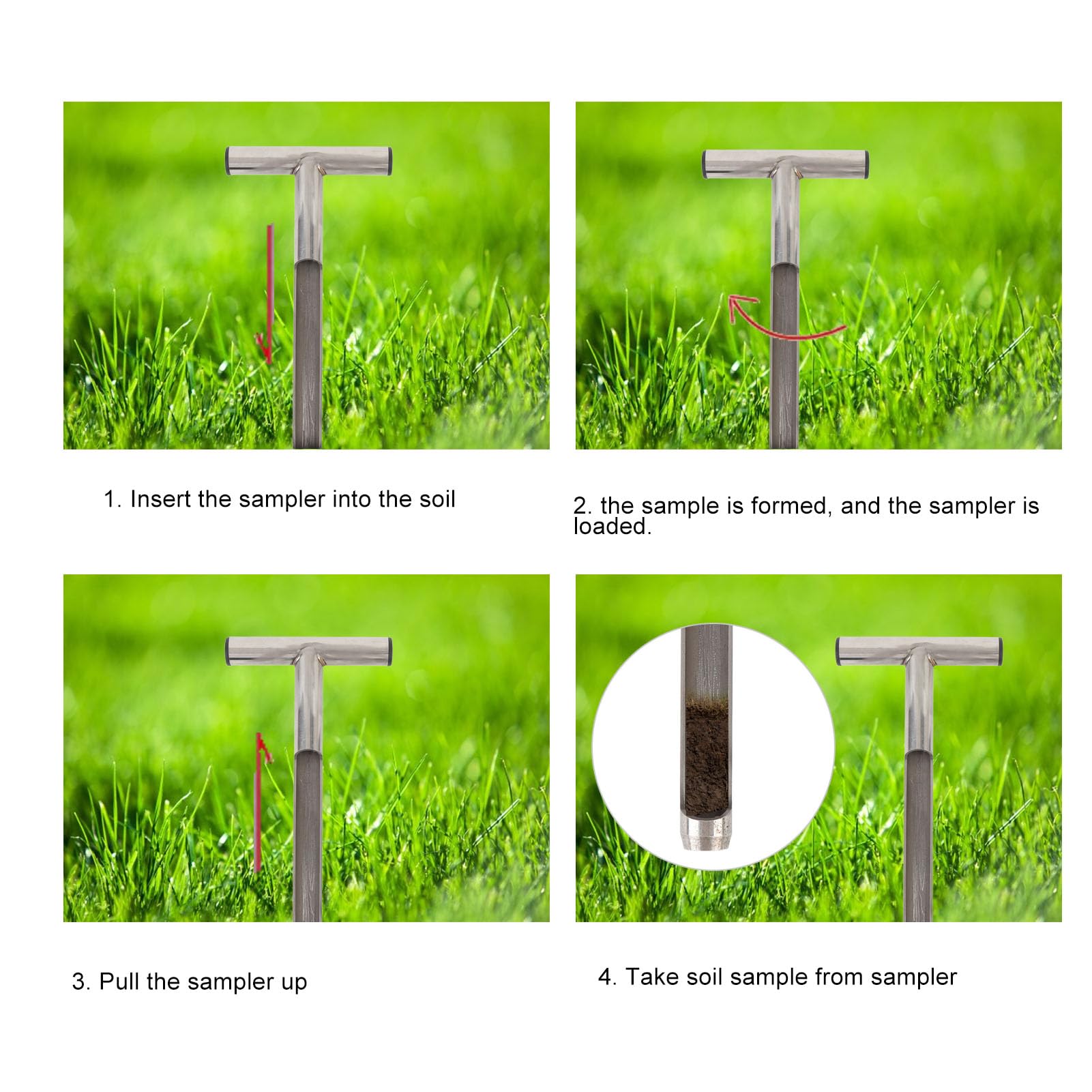 Sonde d'échantillonnage de sol à poignée en T,Kit de test d'échantillonnage de sol en acier inoxydable Sonde de sol avec 2 sacs d'échantillonnage pour l'entretien de la pelouse le jardin et la ferme