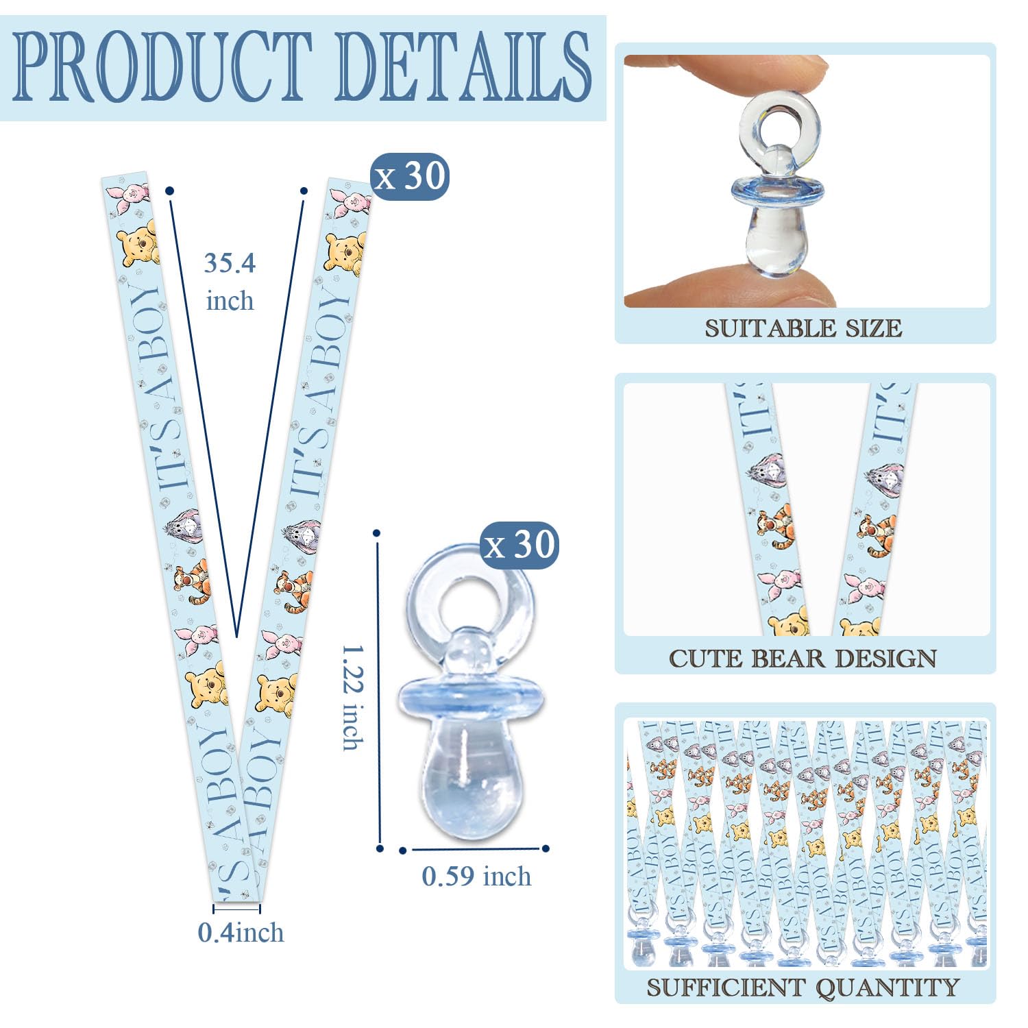 30 Sets Winnie Pacifier Necklaces for Baby Shower, It’s a Boy Baby Shower Favors, Blue Acrylic Pacifier with Blue-Ribbon Printed It’s a Boy, Pooh Pacifiers Necklace Gifts, Bear Party Decorations