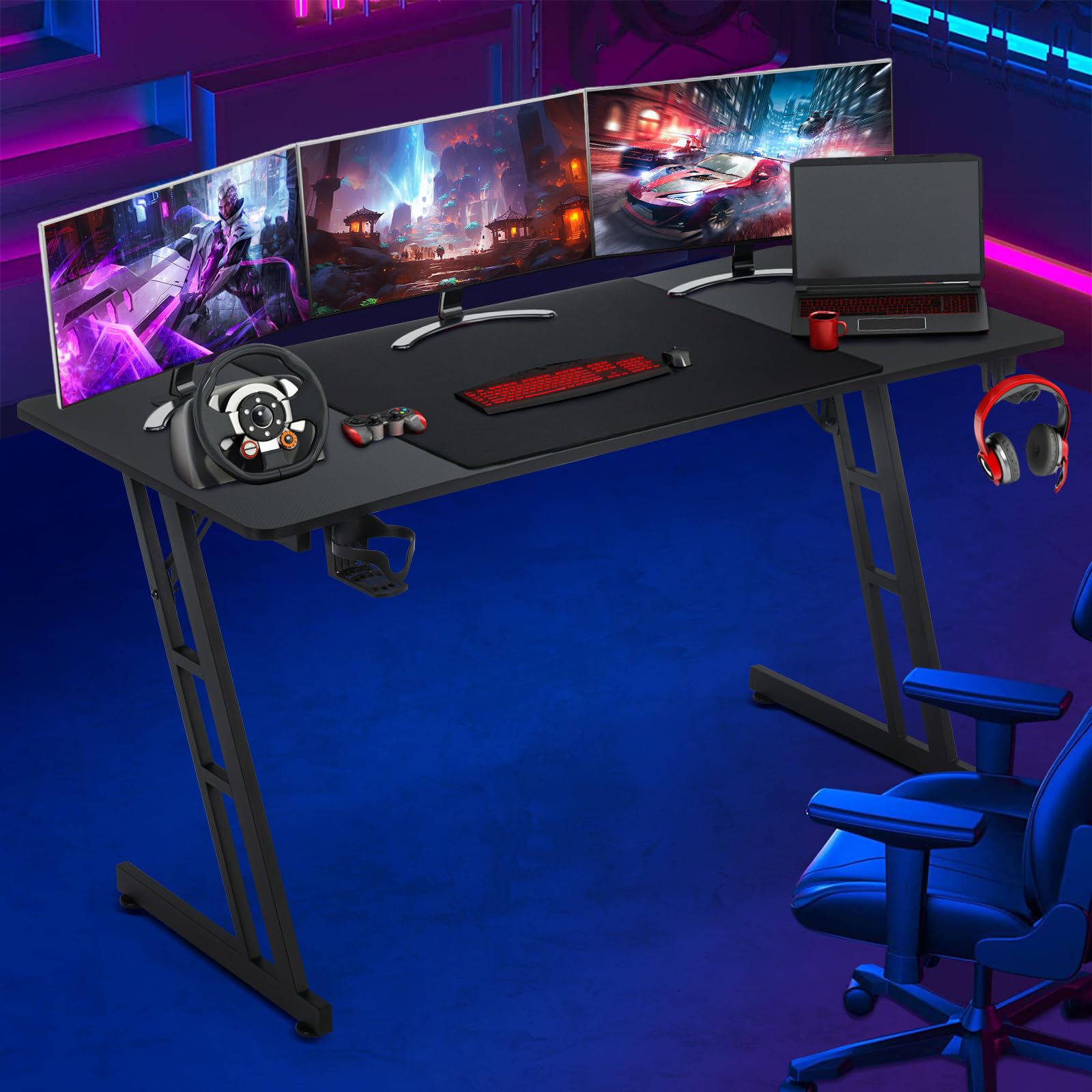 Bureau Gaming 140x60, Table Gaming Informatique Ergonomique, Bureau Gamer en Forme de Z Stable, Table Gamer avec Porte-Gobelet et Crochet pour Casque, Plateau en Fibre de Carbon, Bureau d'ordinateur