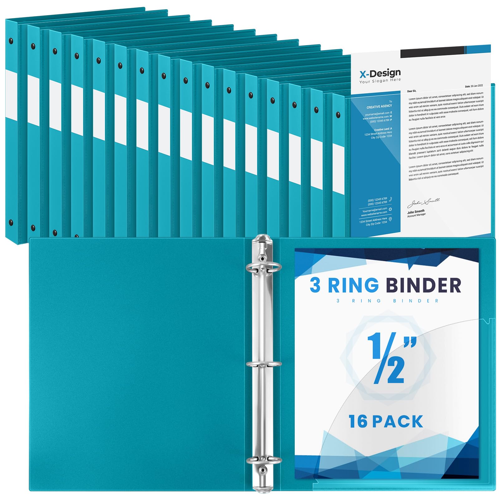 Henoyso 16 Pack 1/2 Inch 3 Ring Binder with Clear Cover Fit Letter Size 8.5" x 11" Paper Holds 140 Sheets, Bulk Binders for Organizing School, Office &amp; Classroom Documents, 1 Pocket (Turquoise)