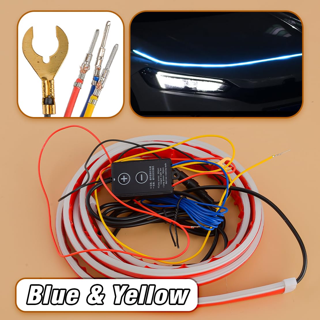 beler 2M Car Start Dynamic Flowing Blue & Yellow LED Hood Light Strip Daytime Running Light Turn Signal Lamp