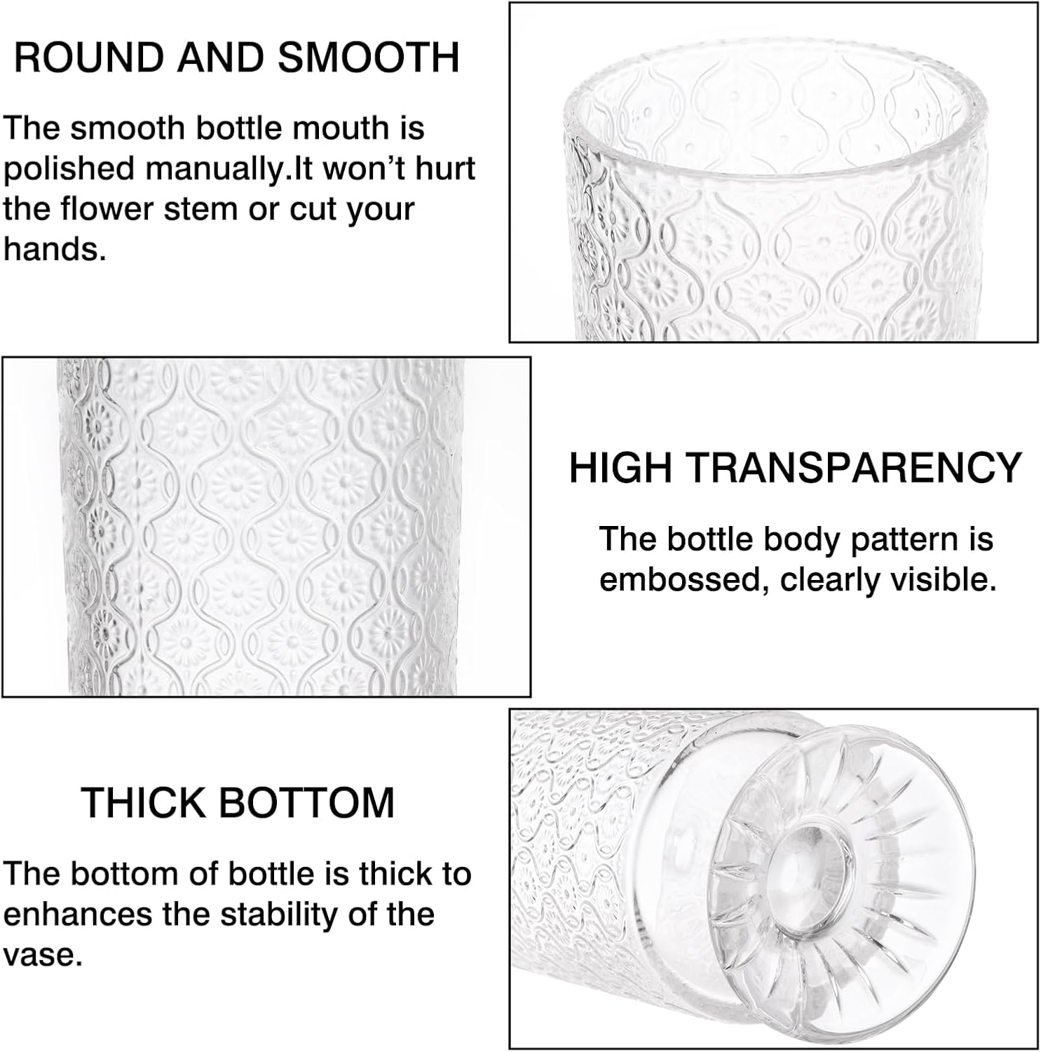 Set of 3 Clear Embossed Glass Vases for Wedding Centerpieces