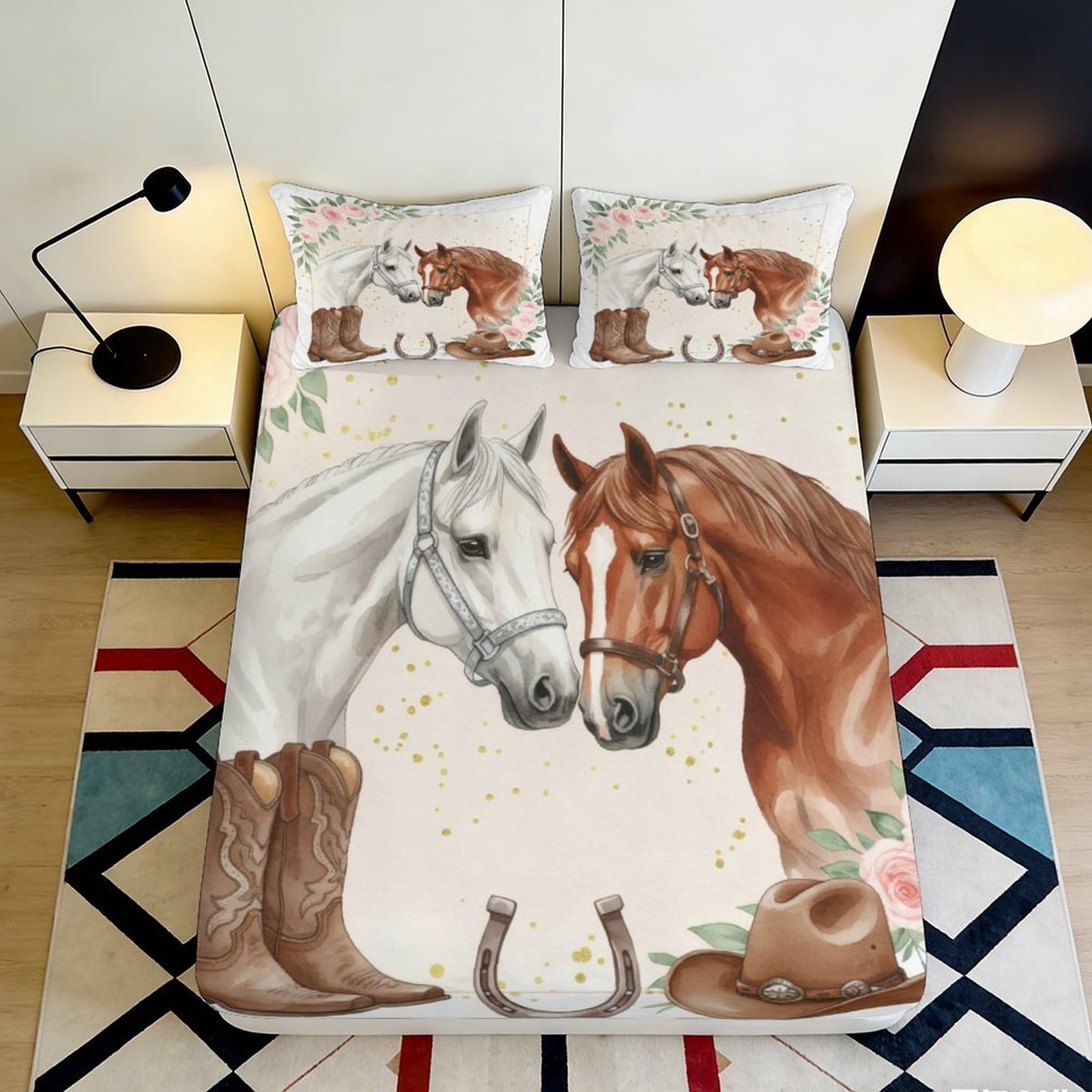 3D Printed Horse Cowboy Fitted Sheet Microfiber Western Boots Bed Cover Bedroom Decor Anti-Slip Easy Care 90x200x25cm