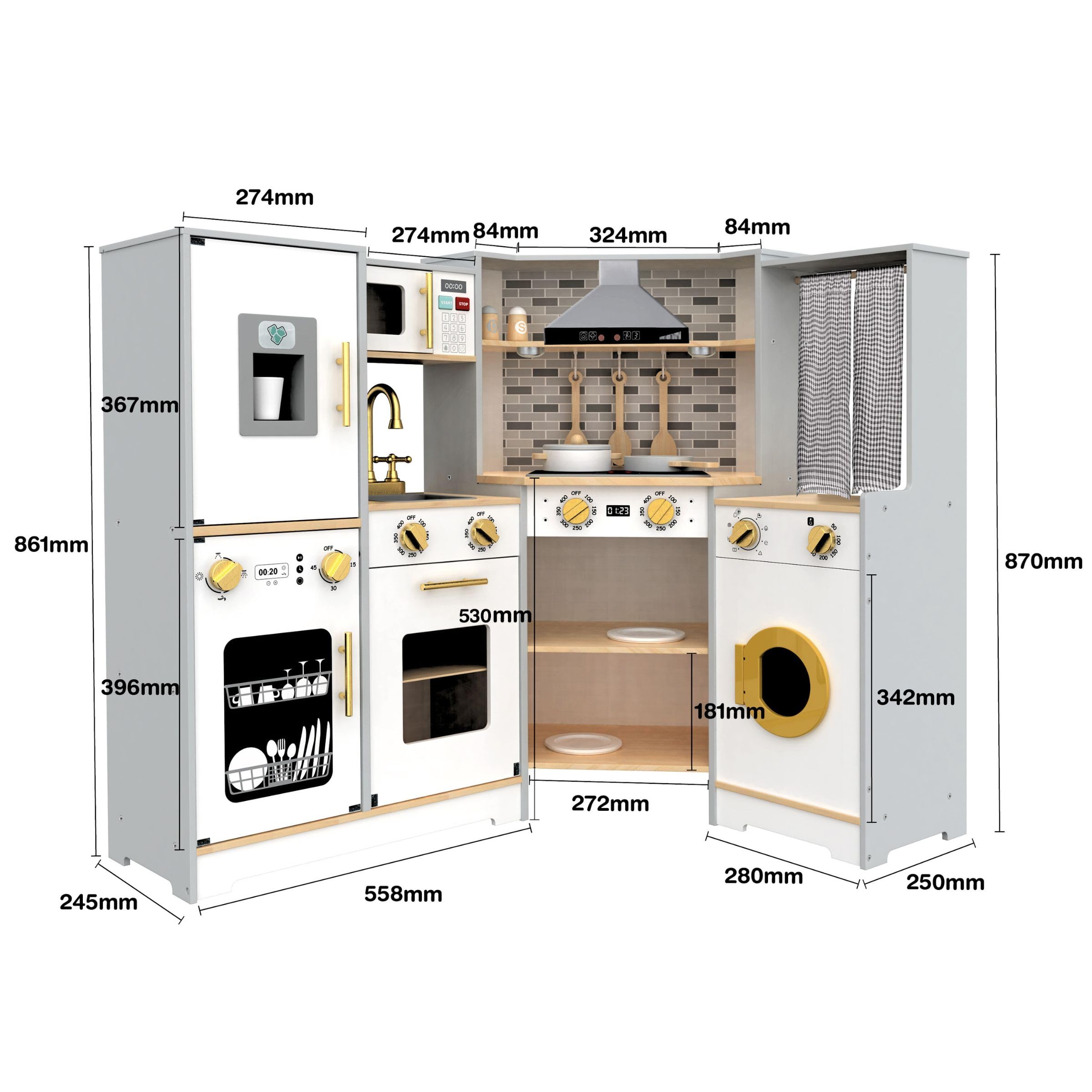 Mamabrum Cucina in legno per bambini 3+, grande, interattiva XXXL fornello interattivo con illuminazione a LED, set da cucina con lavatrice, forno, lavastoviglie, cappa e pentole