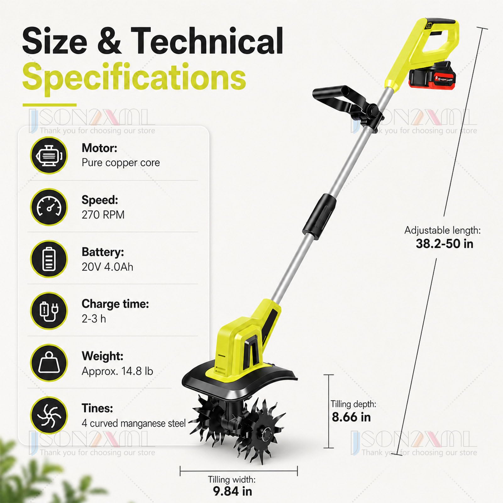 Cultivador Y Motoazada Eléctrica Inalámbrica para Jardín, con Batería Recargable 4.0 Ah Y Área De Trabajo De 9.84" De Ancho × 8.66" Profundidad; Motoazada Manual Ideal para Huertos 1battery