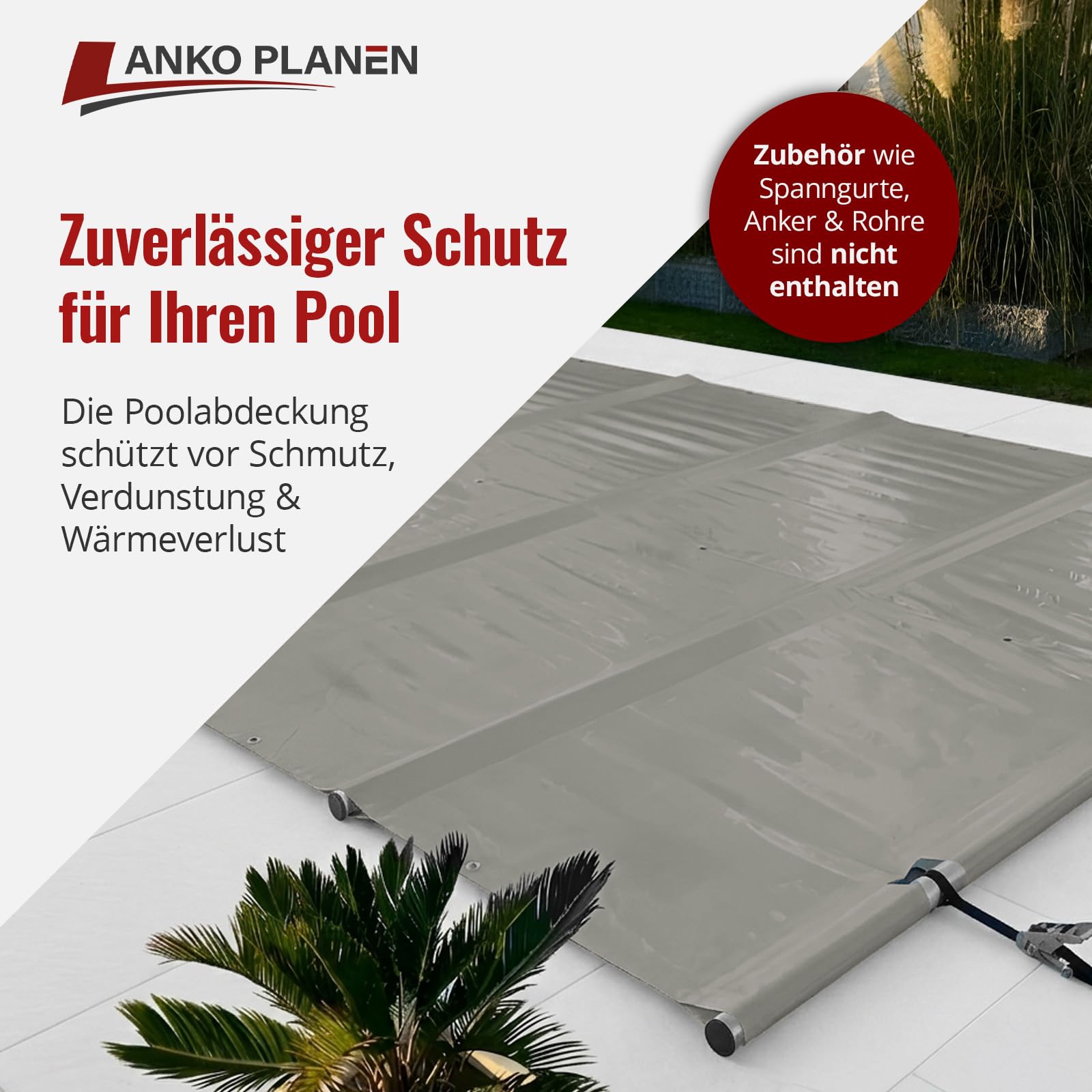ANKO PLANEN Cubierta Enrollable de Piscina para máxima Seguridad - Lona de camión de PVC 680 g/m² - Cubierta para Todo el año para Verano e Invierno - sin Barras (3,5m x 7,5m, Gris RAL7037)