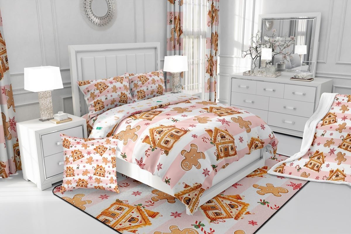 Feelyou Pink Christmas Gingerbread Man Comforter Set with Sheets Gingerbread House 7 Piece Bedding Set Full Size for Kids Boys Girls Christmas Snowflake Bed in a Bag Xmas Bed Set