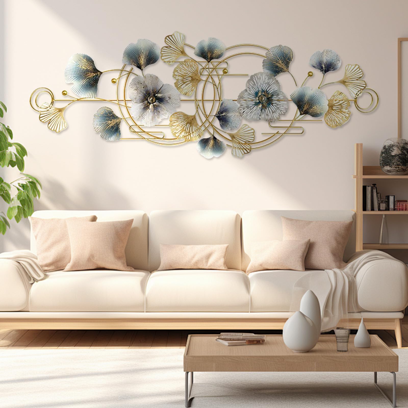 Aisny Decorazione Murale Soggiorno, 127X44cm Decorazione Murale 3D Parete Soggiorno Fiori Sculture Metallo Sospesa Divano Sfondo Ufficio Ornamenti Murali Con 2 Viti